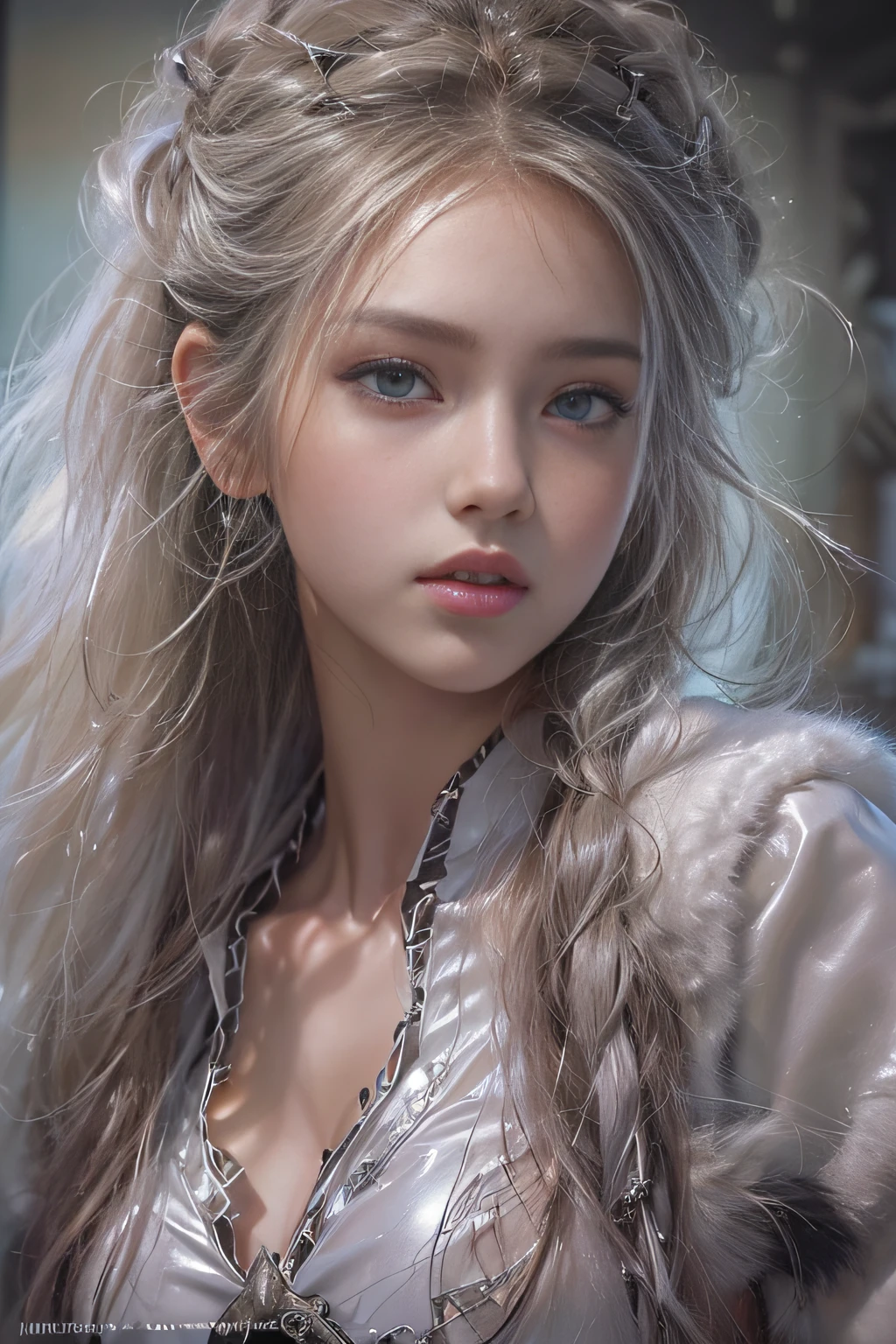 ((tmasterpiece:1.4)、(top-quality:1.4)、(reallistic:1.7))、By Luis Royo（By Luis Royo）Surreal portrait of a beautiful girl、Super beautiful girl、((1girl in:1.4))、Shiny natural skin texture、Authors：By Luis Royo（By Luis Royo）、age19、(Two arms:1.4、Two legs:1.4)、(perfect anatomia:1.4)、(Perfect female body:1.4)、Portrait photo of a girl、Close-up photos、Full body shooting、((masutepiece:1.4), (of the highest quality:1.4), (Realistic:1.7), By Luis Royo, Beautiful Girl, Super beautiful girl, ((1girl in:1. 4), Shiny natural skin texture, Authors: By Luis Royo, 19 years old, (Perfect female body: 1.4), (Perfect female body: 1.) 4), Portrait photo of a girl, Photorealistic, High resolution, 1 Women, Solo, waist-up, Beautiful eyes, Close lips, Detailed face, White hair, Long hair, Collared shirt, black necktie,Black skirt, pencil skirts, Fur coat, Stockings