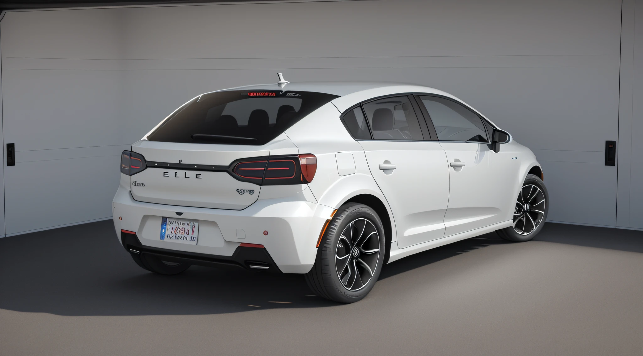a 3d render e-car from the backside parked in the garage and plugged with charger modern, 85-degree backside view, wide lens photo, 16k, full high details,