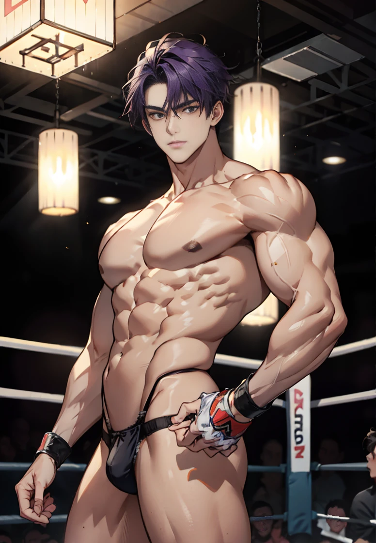 A man and a woman,Participate in the underground black boxing arena together,Wearing thunderbolt gloves,They all wear only thongs,low waist thong,Sexy thongs,Ice silk thong,Revealing thongs,String tong,Naked thong,The image of a woman is an 18-year-old beauty,Have a hot body,String tong,slim micro bikini,Purple hair,Big breasts and fat buttocks,Funnel shaped body,Slender beautiful legs,Tall figure,The image of a man is that of a handsome 18-year-old boy,Handsome face,Bare muscles, are worn,Only thongs were worn,Men's tong,low waist thong,Sexy thongs,have golden hair,Tall and mighty body,musculous,Broad pectoral muscles,Eight-pack abs,Sexy flesh,Thick thighs,Bare with thighs,Bare abs,bare pectorals,Only thongs were worn