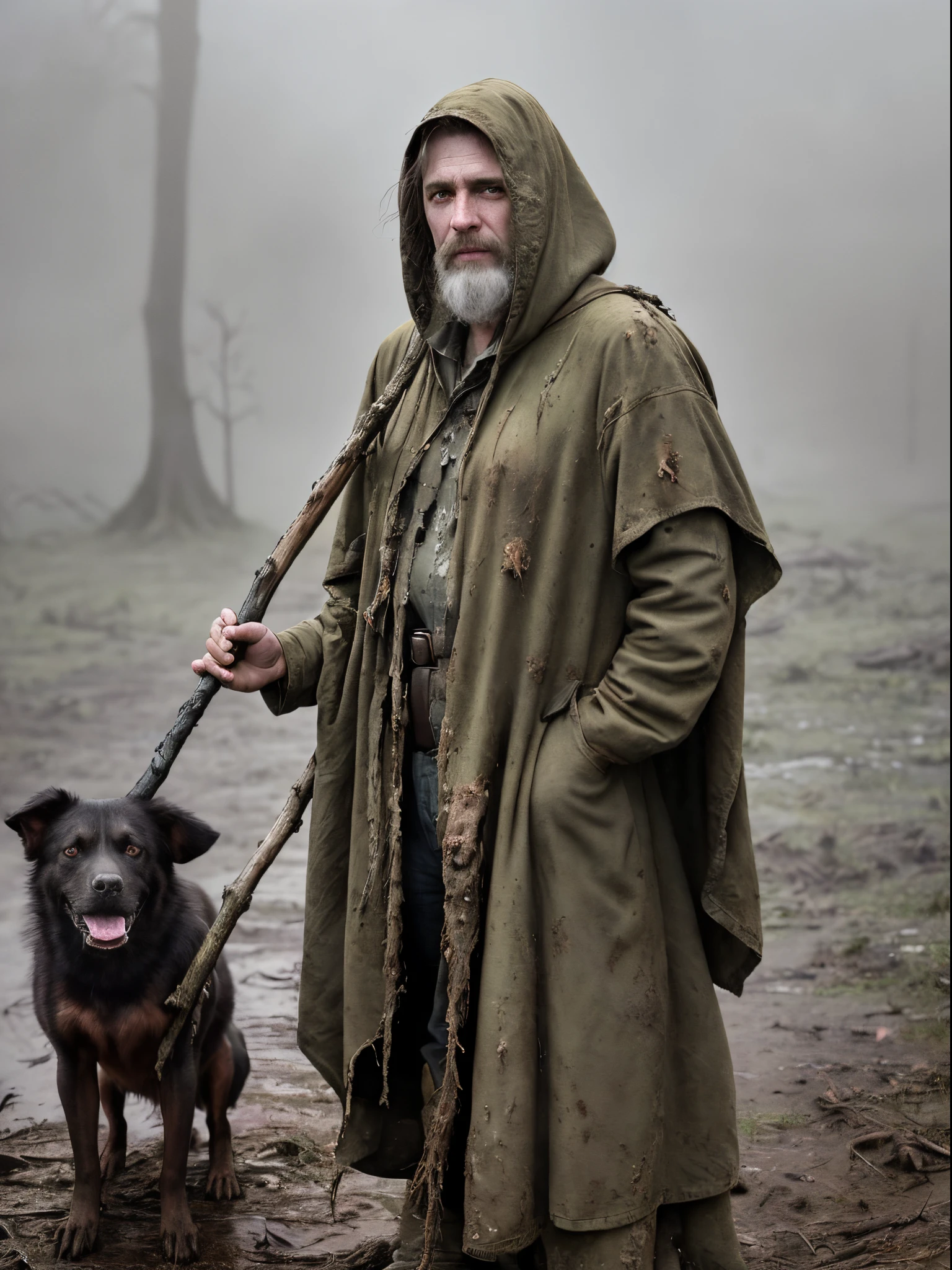 (Realistic:1.5), photorealistic, RAW photo, analog photo style, depth of field, ultra detailed portrait of Swamp Dictor, detailed frown face, dressed in dirty tattered military clothing with hood, 40 years old, he holding a long wooden staff in hand and looking on mutant dog nearly his foots, they are surrounded by a gloomy, foggy hollow, from which chilling sounds can be heard, dinamic pose, atmosphere from "S.T.A.L.K.E.R", faded cinematic colors