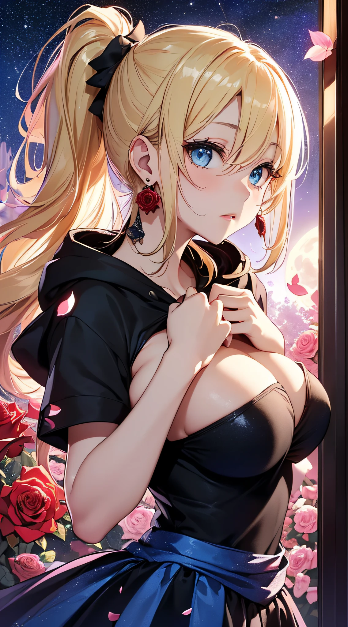 top-quality、Top image quality、masterpiece、girl with((18year old、Best Bust、big bast,Beautiful blue eyes、Breasts wide open, Blonde ponytail、A slender,Large valleys、Black hoodie、Red and black skirt、Sleeveless、Ruby Earrings、lean against the wall))hiquality、Beautiful Art、Background with((Full Moon Night、dancing rose petals、Beautiful night sky)))、,masutepiece、visualart、depth of fields、