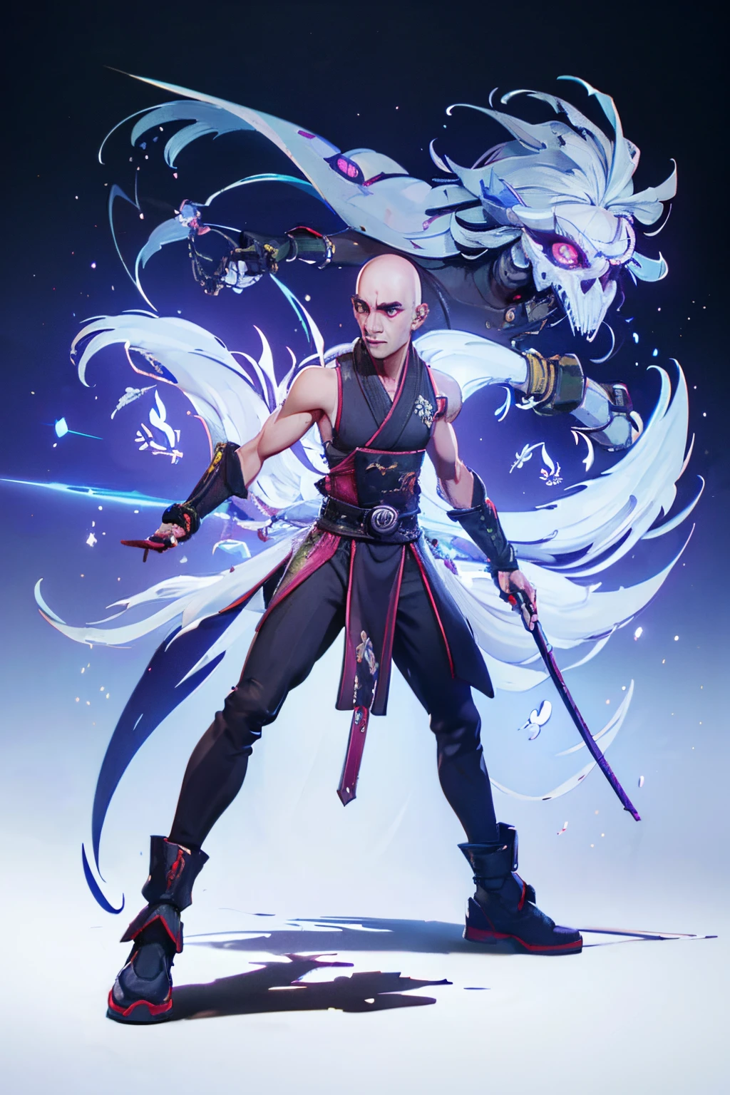 01_(Stylized character concept art), (1.full body figure), (3D character concept), (game character design).
  (Description of the hero), (a young man, a Shaolin monk who combines traditional elements of ancient Chinese martial masters and modern urbanized details of appearance). (A smoothly cropped head, a piercing gaze, this is a fighter, an artist, a cyber-mage. He has a strong, slender physique, a bald head, a strong neck, shoulders, arms, and slender legs). (Dressed in a loose silk kimono, decorated with traditional Chinese patterns; flowers, peonies, skulls, and birds. A wide belt girds a strong torso, the open chest is covered with rosary beads. Arms and legs are protected by combat protective elements in a futuristic style, cyberpunk, cyber fighter. ! On her feet are cool white sports shoes, with thick soles!). (His weapon, the magic of fine arts, is armed with a long pole, this is a technological device, vaguely reminiscent of a traditional fighting pole, metal, electronic, cyber weapons. With the help of virtual images, the Fighter Monk is able to recreate various elements in space; dragons, demons, birds, flowers, and dead people. Depending on the level of accumulated energy and the presence of “primary elements”).
02_Image made in the style of a concept sheet, white empty background, (one character, full height), weapon in hands, (01_option, spectacular dynamic - combat pose with a pole, creates a combat