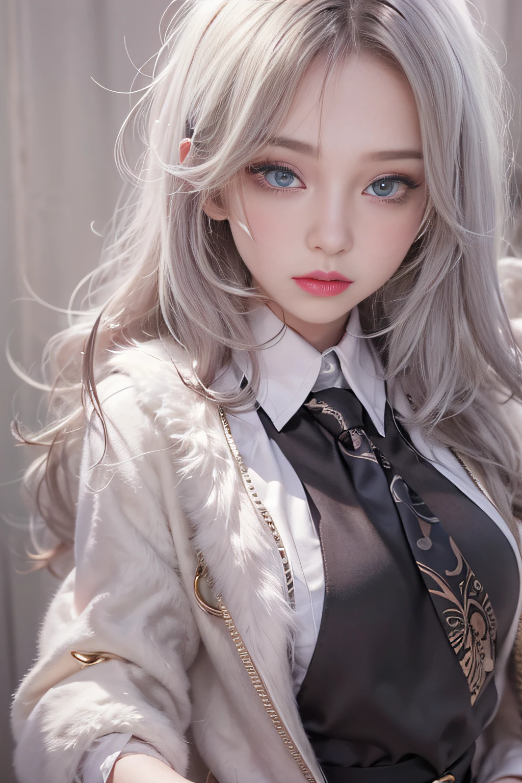 Portrait photo of a girl, Photorealistic, High resolution, 1 Women, Solo, waist-up, Beautiful eyes, Close lips, Detailed face, White hair, Long hair, Collared shirt, black necktie,Black skirt, pencil skirts, Fur coat, Stockings