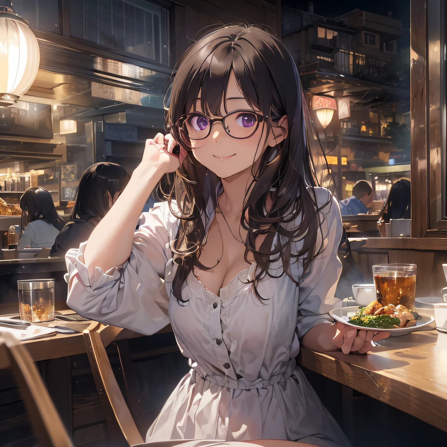 masterpiece、top-quality、(brown colored long hair、I have bangs:1.1)、25 year old woman with purple eyes、wears glasses、wearing a white shirt without a collar、sitting on、(flat breast:1.1)、(Smiling expression:1.3)、(Staring:1.5)、(Close-up of the subject's face:1.3)、having a dinner、Place the camera above the subject、The background is a luxury restaurant at night.、Bold composition、Upper body is shown、Alone、