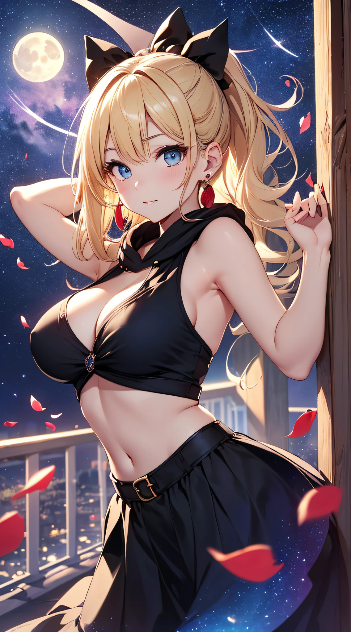 top-quality、Top image quality、masterpiece、girl with((18year old、Best Bust、big bast,Beautiful blue eyes、Breasts wide open, Blonde ponytail、A slender,Large valleys、Black hoodie、Red and black skirt、Sleeveless、Ruby Earrings、lean against the wall))hiquality、Beautiful Art、Background with((Full Moon Night、dancing rose petals、Beautiful night sky)))、,masutepiece、visualart、depth of fields、