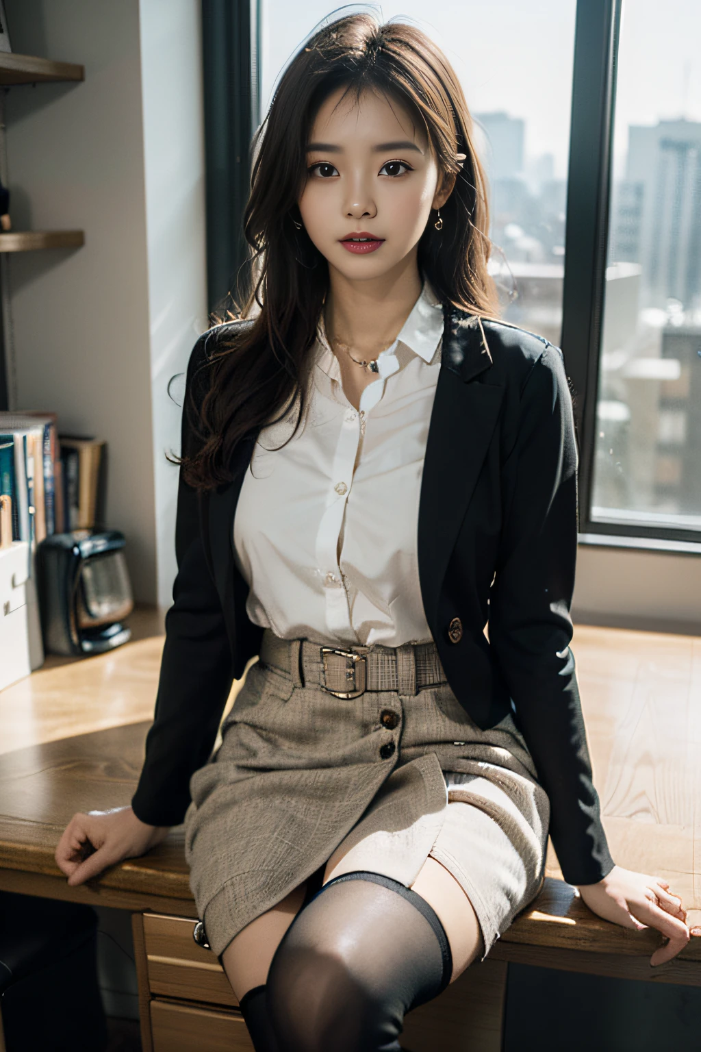 1girl, (european:1.3), 31 years old,Sophisticated, businesswoman's suit, (Jacket:1.1), (Shirt:1.1), (line wrap skirt:1.1),Accessories,Jewelry,Briefcase,Tights,Stockings,goosebumps,goose-flesh, (realistic:1.3), finely detailed, quality, (masterpiece:1.2), (photorealistic:1.2), (best quality), (detailed skin:1.3), (intricate details), dramatic, ray tracing, photograph, Wind surfboard, Bathed in shadows, Visual novel, boss office in Skyscraper, window with view on the city, film grain, Kodak gold 200, Depth of field 100mm, Flickr