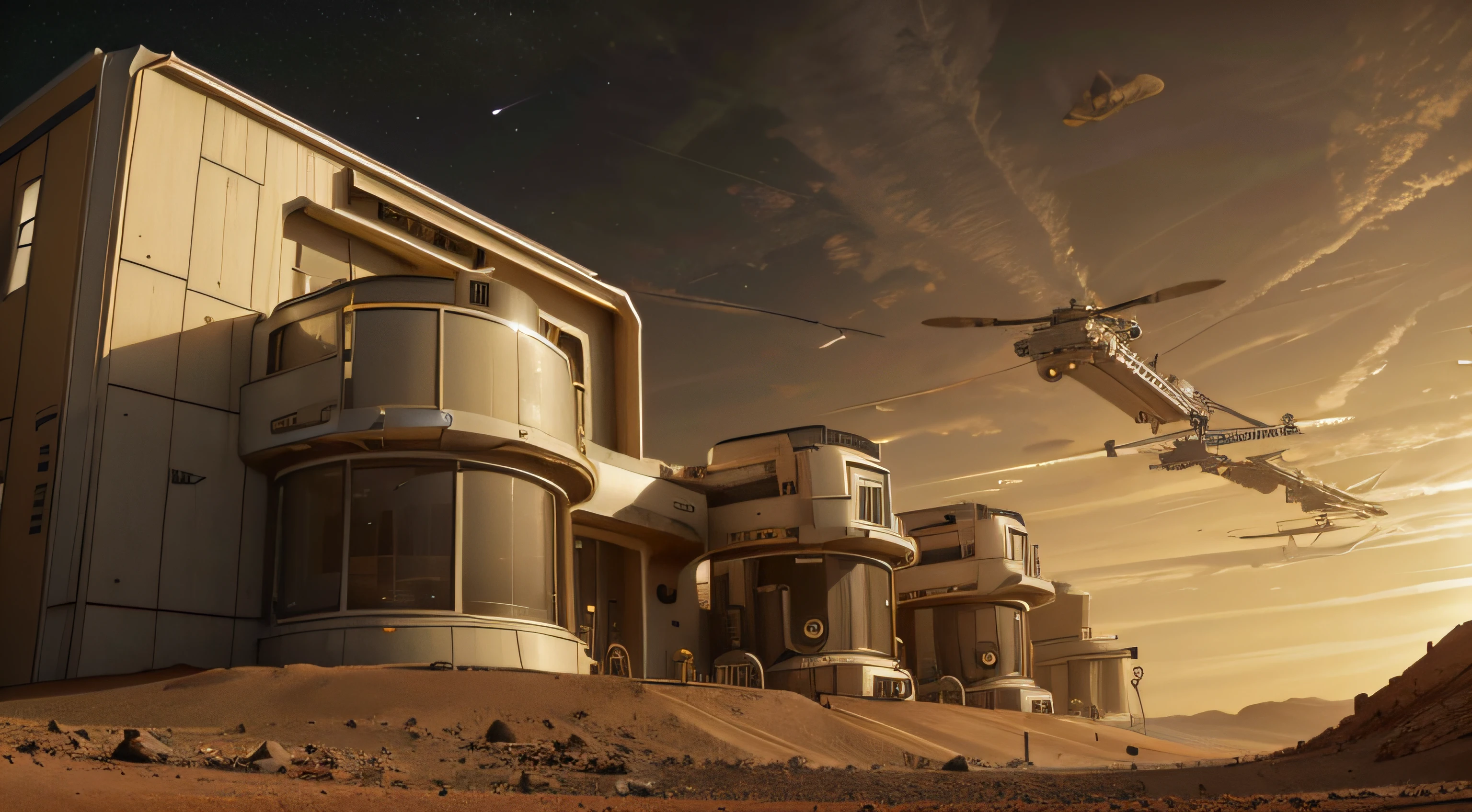 On Mars, multiple technological robotic arms are building streamlined scientific research buildings, streamlined housing and roads. Mars during the day, yellow sky, high-tech aircraft flying in the sky, engineering machinery, details of technological robotic arms, basic architectural details, ultra-wide-angle lens, high reality, light and dark contrast,