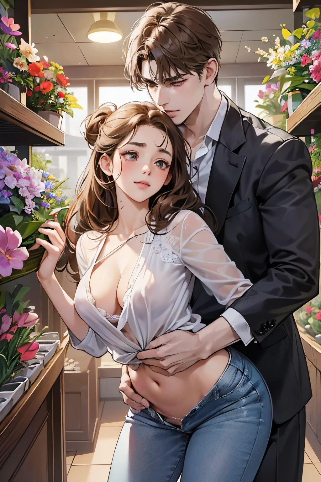 (masutepiece, Digital Art, Digital Illustration, 4K, 8K, Ultra-detailed, beautiful image, Sharp Image, Photorealistic, Raw photo, Perfect face, Perfect lines, Perfect eyes, Soft lighting) 1 woman, (lightbrown hair,Chignon Hair,Innocent look,drooping eyebrows,drooing eyes,with round face,Round jaws、Innocence,cute little,big eye,natural make up,kindly smile,E-cup,23 y-o woman:1.3),Two handsome men in suits, (ember,Men in suits,well-muscled,Firm shoulder width,Adult male,Boyish hairstyle,Man in his 30s with a cool expression,28-year-old man with bright smile:1.2),Flower Shop,In the storefront of a florist,Flower Cottage,colorful flower,Skinny Denim,white  shirt,(Nervous,be shy,sleepy,embarrassed from:1.1),the kiss、kiss、a couple、couple kissing、Romance、Romance、ssex、have sex、Wet pubic area、insert 、Rape、Overflowing、A slight smil、Florist full of light,wretched、独奏,Full body painting,(One Girl And One Man,Having sex:1.5),(ember,Adult male,Rubbing the girl's boobs:1.2),Cheek dyeing、gasping face、embarrassed、boredom、begging、Unhappy、Greedy expression,Wet pubic area、 xen、Open your crotch wide、See-through lace underwear、Sheer nipples
