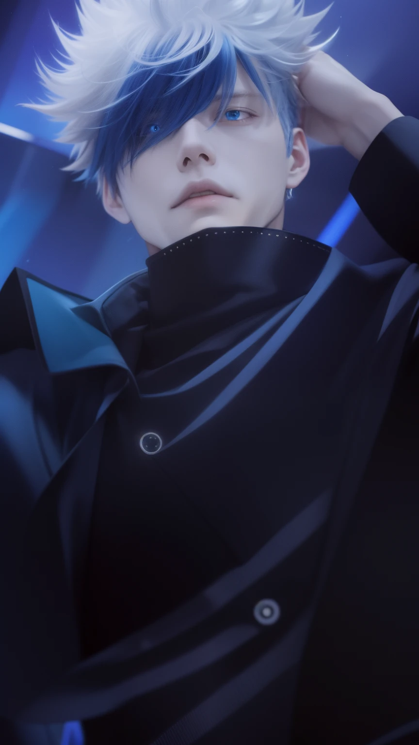 Close up portrait of a person with blue hair and black jacket, Jujutsu Kaisen, johan liebert, in the anime series ergo proxy, hijikata toushirou of gintama, today's featured anime still, screenshot from a 2012s anime, in the anime film, still from anime, anime movie screenshot, High resolution 8K realistic anime version, High definition and realistic anime version, Blue eyes, Black clothe, colorful lightning background.