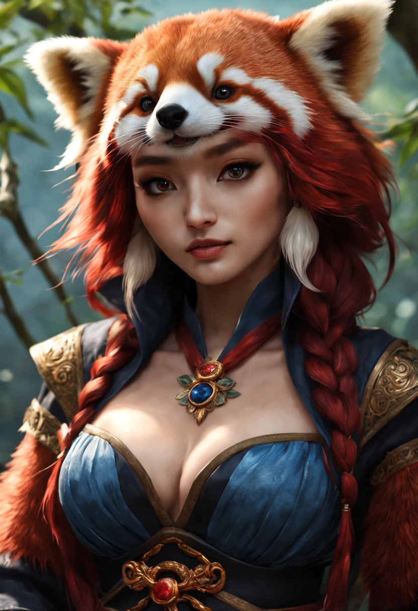 A Hyperrealistic, Red Panda female Sorcerer, Magic, Japanese Fantasy World, perfect face, Perfect Body, Detailed and Intrincated, HD