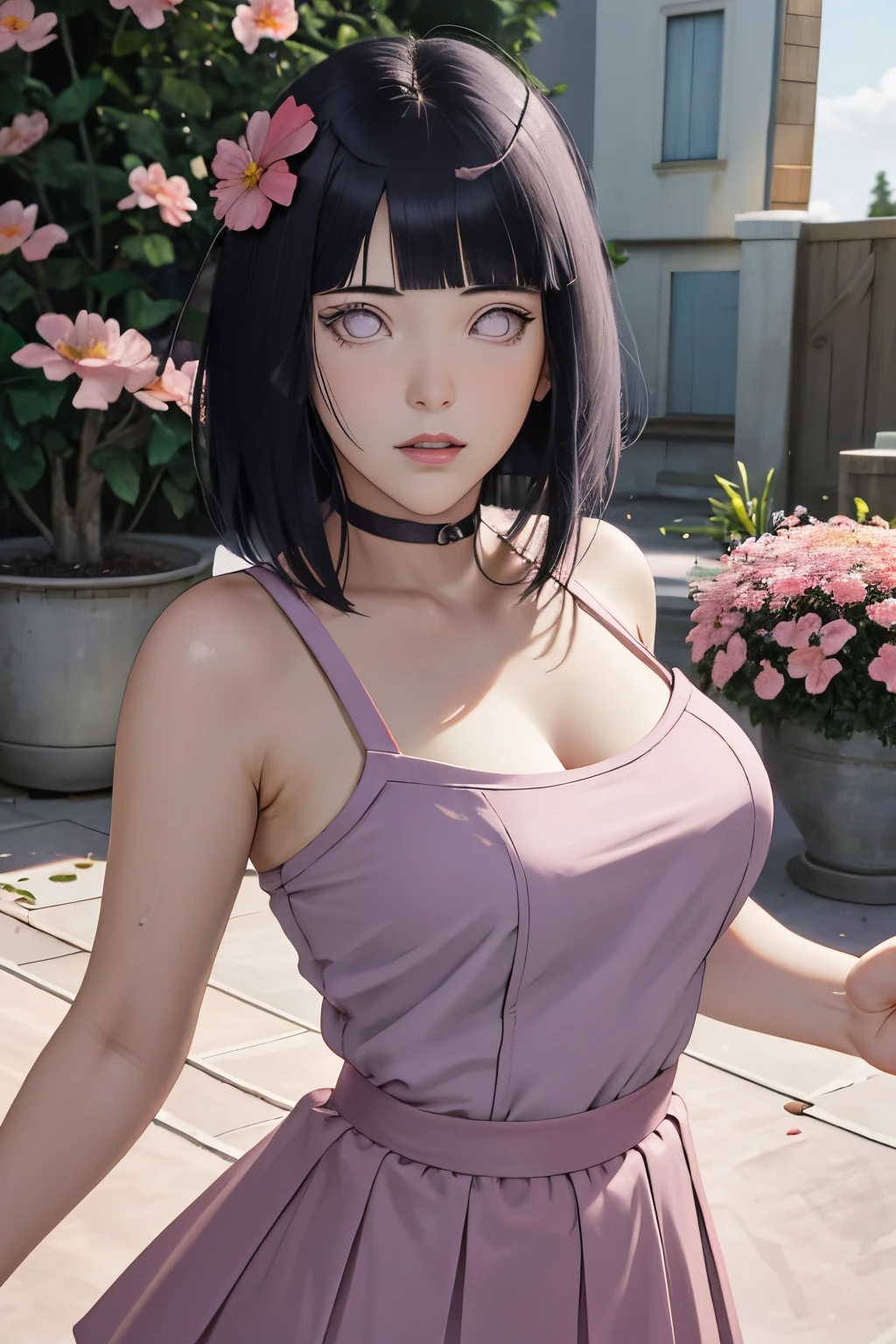 masterpiece, absurdres, hinata\(boruto\), 1girl, solo,mature female, spaghetti strap top, high waist short skirt, looking at viewer, (falling petals), perfect composition, detailed lips, voluptuous, beautiful face, body propotion, blush, (pink lips), long hair, purple eyes, soft gaze, super realistic, detailed, photoshoot, realistic face and body
