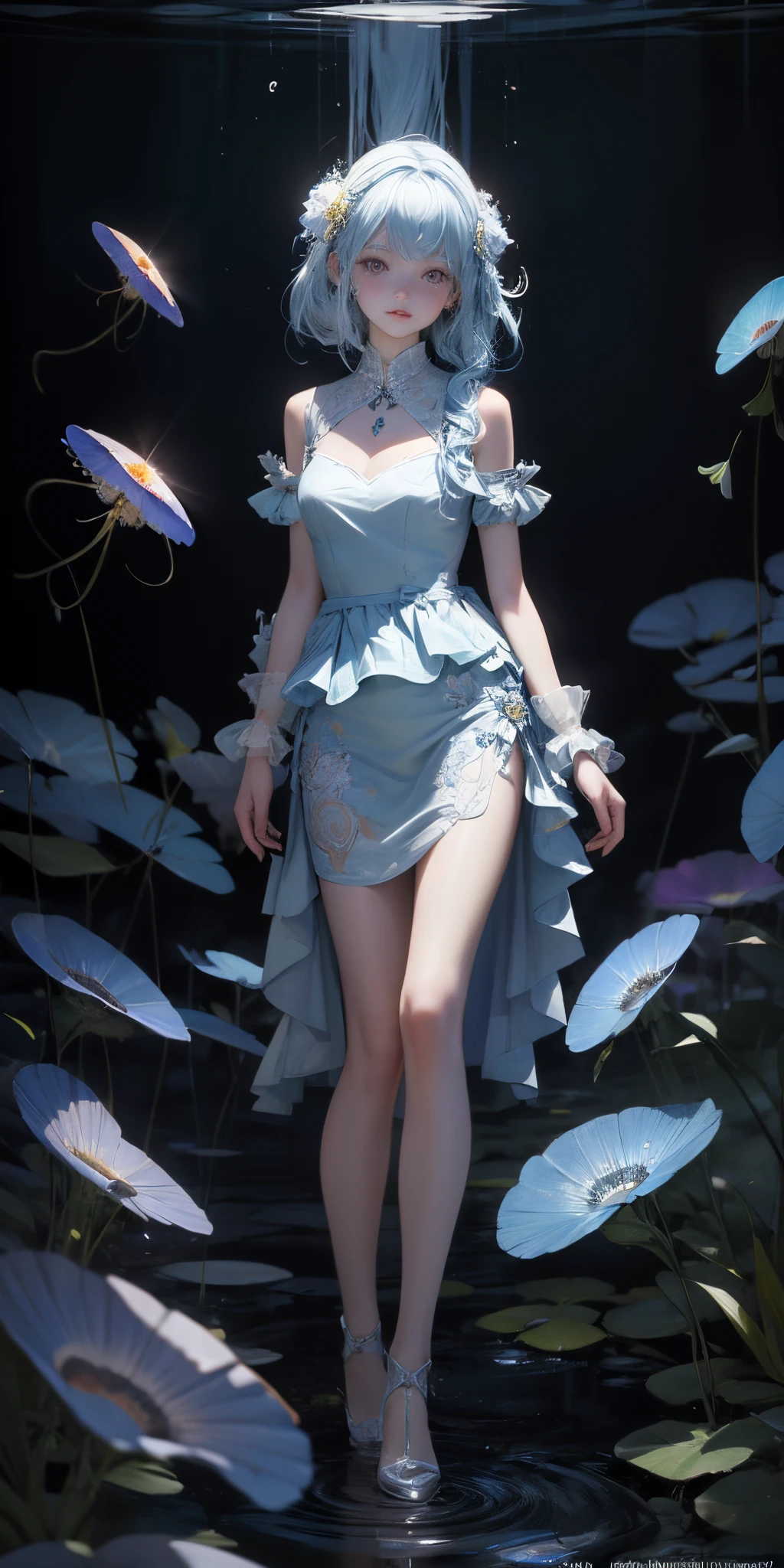 Masterpiece, best quality, official art, 8k wallpaper, very detailed, illustration, 1 girl, sky blue hair, seabed, transparent dress, transparent jellyfish, blisters