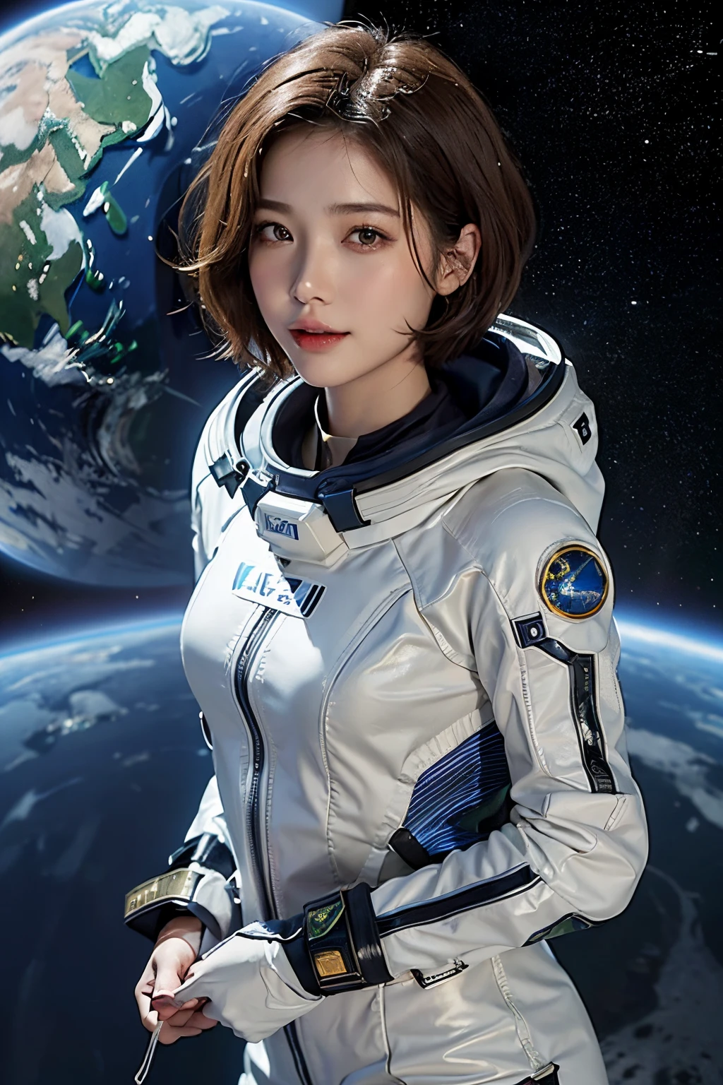 top-quality、​masterpiece、超A high resolution、(realisitic:1.4)、Beautuful Women１、Beautiful detail eyes and skin、ssmile、Light brown short-cut hair、The perfect spacesuit、spaceships、cosmic space、Planet of Rain、Sateen、