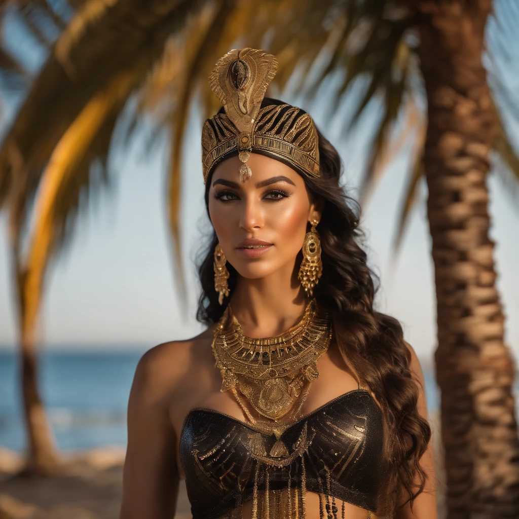 hyper realistic, ultra detailed photograph of a woman with in futuristic headwear inspired by an ancient Egypt queen, Cleopatra headwear, traditional belly dancer costume from the orient, her costume is black with gold decorations, snake, gold, silver, stones, scarab beetle, microchips, integrated electric circuits, brown skin, slim body, dark hair, Natti Natasha look, golden hour, warm sunlight fractal details, full body pose, depth of field, HOF, hall of fame, detailed gorgeous face, model facing camera, beach with palm trees, orange sunset, orange sun, tropical beach, professional photographer, captured with professional DSLR camera, ultra detailed, ultra accurate detailed, bokeh, cinematic, intricate, epic, freckles, detailed mascara,