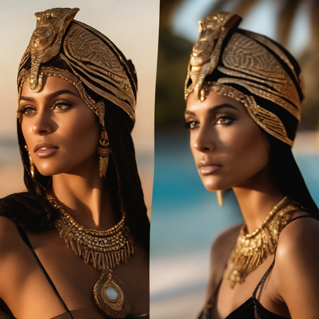 hyper realistic, ultra detailed photograph of a woman with in futuristic headwear inspired by an ancient Egypt queen, Cleopatra headwear, traditional belly dancer costume from the orient, her costume is black with gold decorations, snake, gold, silver, stones, scarab beetle, microchips, integrated electric circuits, brown skin, slim body, dark hair, Natti Natasha look, golden hour, warm sunlight fractal details, full body pose, depth of field, HOF, hall of fame, detailed gorgeous face, model facing camera, beach with palm trees, orange sunset, orange sun, tropical beach, professional photographer, captured with professional DSLR camera, ultra detailed, ultra accurate detailed, bokeh, cinematic, intricate, epic, freckles, detailed mascara,