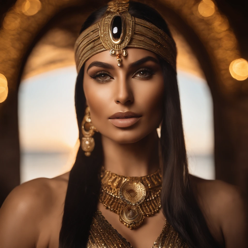 hyper realistic, ultra detailed photograph of a woman with in futuristic headwear inspired by an ancient Egypt queen, Cleopatra headwear, traditional belly dancer costume from the orient, her costume is black with gold decorations, snake, gold, silver, stones, scarab beetle, microchips, integrated electric circuits, brown skin, slim body, dark hair, Natti Natasha look, golden hour, warm sunlight fractal details, full body pose, depth of field, HOF, hall of fame, detailed gorgeous face, model facing camera, beach with palm trees, orange sunset, orange sun, tropical beach, professional photographer, captured with professional DSLR camera, ultra detailed, ultra accurate detailed, bokeh, cinematic, intricate, epic, freckles, detailed mascara,
