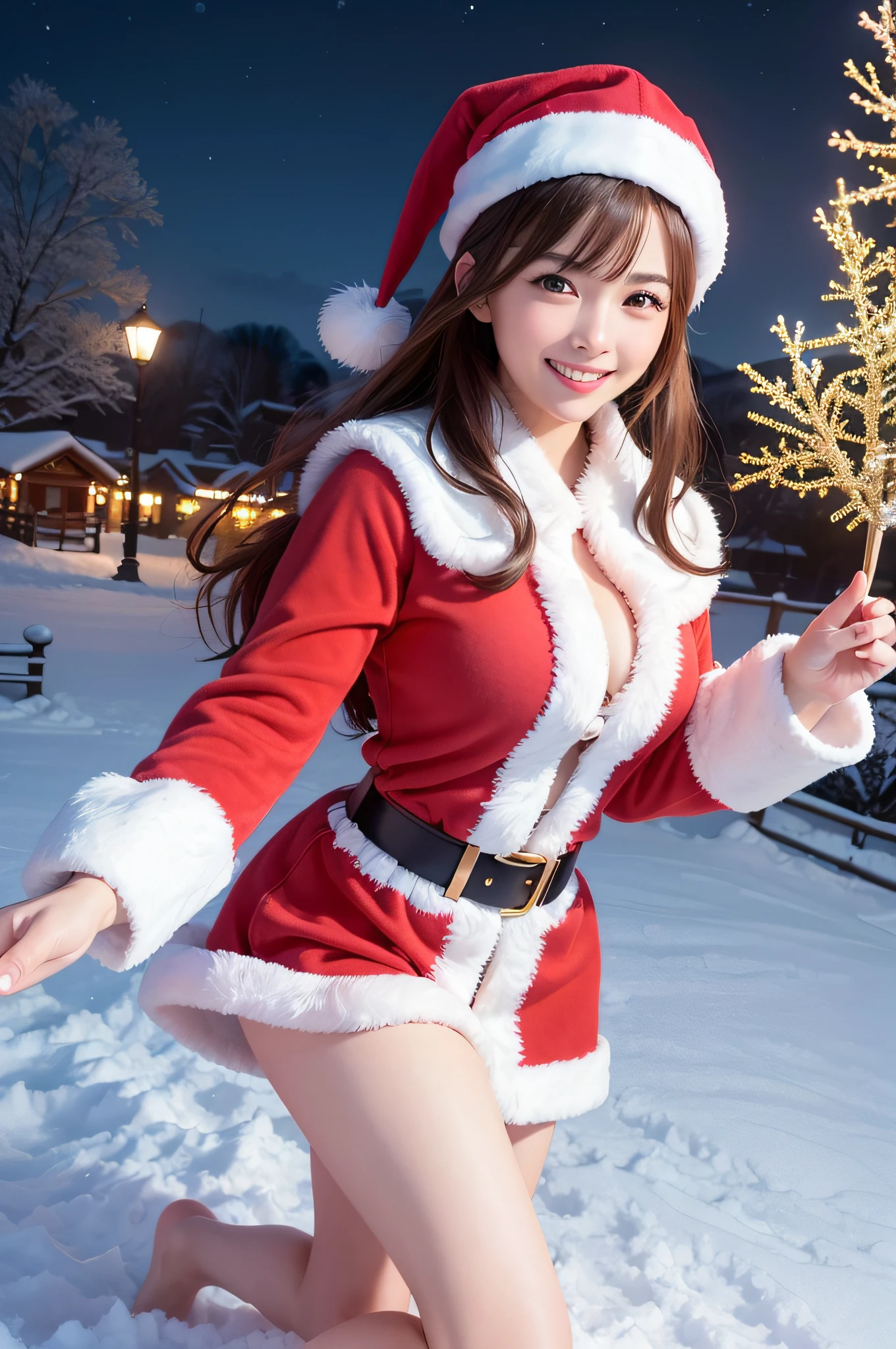 (Highly detailed CG Unity 8k wallpaper, top quality, ultra-detailed, high resolution, masterpiece, realistic, photorealistic:1.5), (cute Japanese girl), extremely detailed face, face focus, beautiful detailed eyes, eye focus, (detailed background), detailed clothes, super detailed skin, (wearing adorable Santa costume:1.5), (only the panties corner is visible:1.4), (winter night city background:1.5), midi wavy hair, brown hair, floating hair, medium breast, medium ass, (make up), (adorable smile:1.3), (POV:1.6),