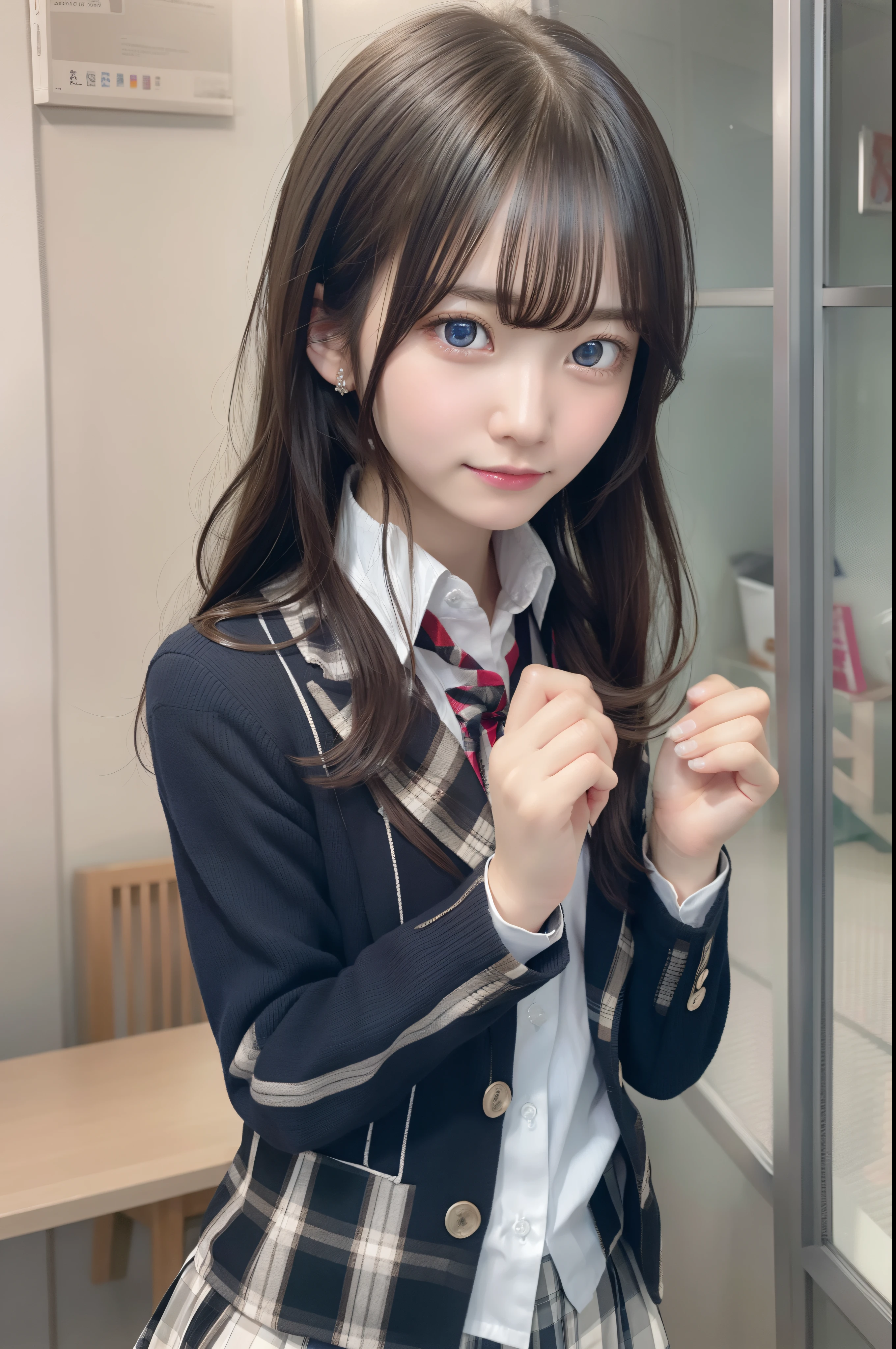 Yukiyuki Yukinoshita, Yukinoshita Yukino, Black hair, Blue eyes, Long hair,
Break the blazer, Cardigan, Jacket, Plaid, plaid skirts, School uniform, Skirt, sobu highschool uniform,,
Break indoors, crass room,
BREAK looking at viewer, BREAK (masutepiece:1.2), Best Quality, High resolution, Unity 8k壁纸, (Illustration:0.8), (Beautiful detailed eyes:1.6), extra detailed face, Perfect Lighting, extremely details CG, (Perfect hands, Perfect Anatomy),A smile