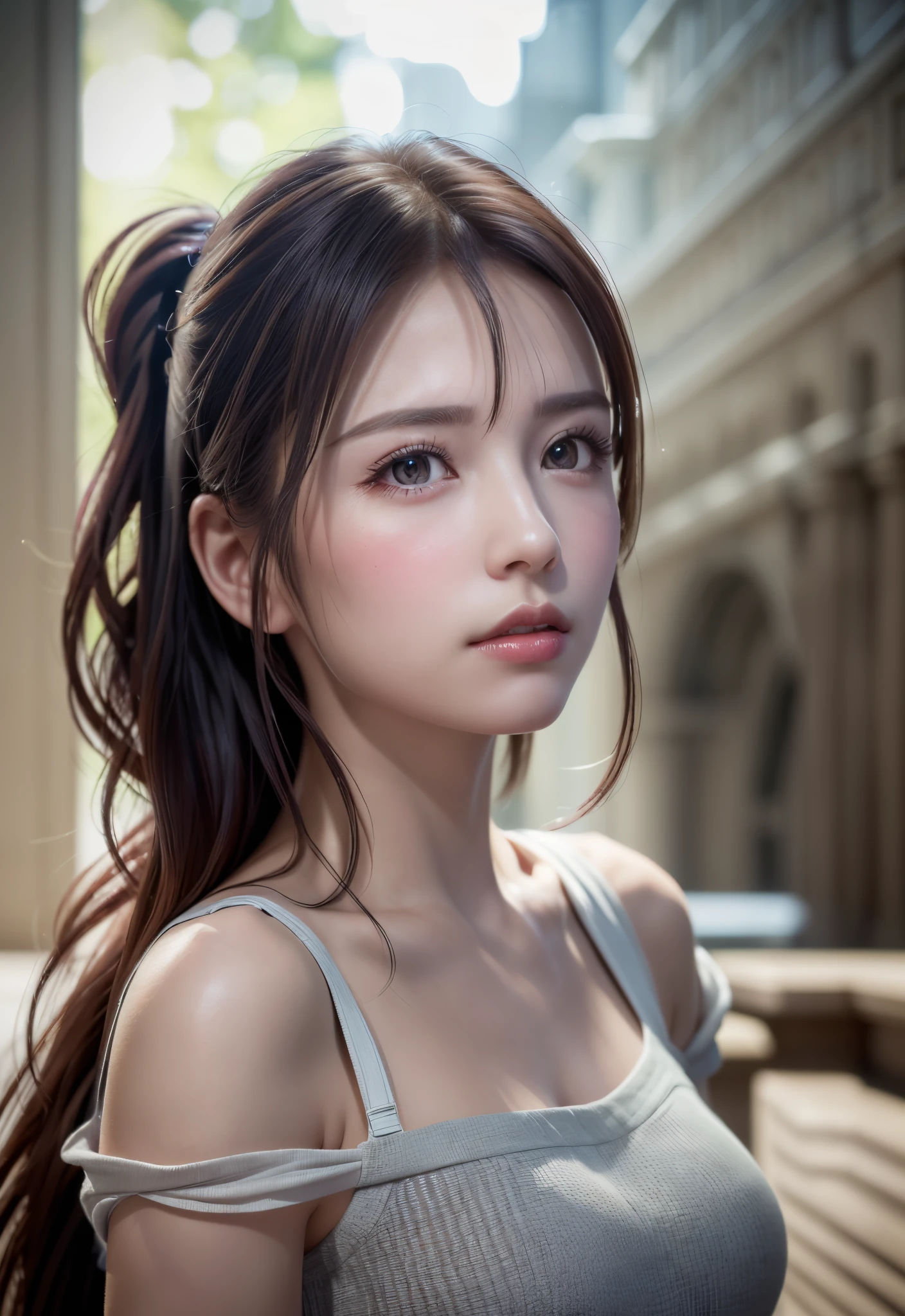 8K, of the highest quality, masutepiece:1.2), (Realistic, Photorealsitic:1.37), of the highest quality, masutepiece, Beautiful young woman, Pensive expression, Thoughtful look, Elegantly dressed, Hair tied back, Messy mood, Cinematic background, Tired, Light skin tone