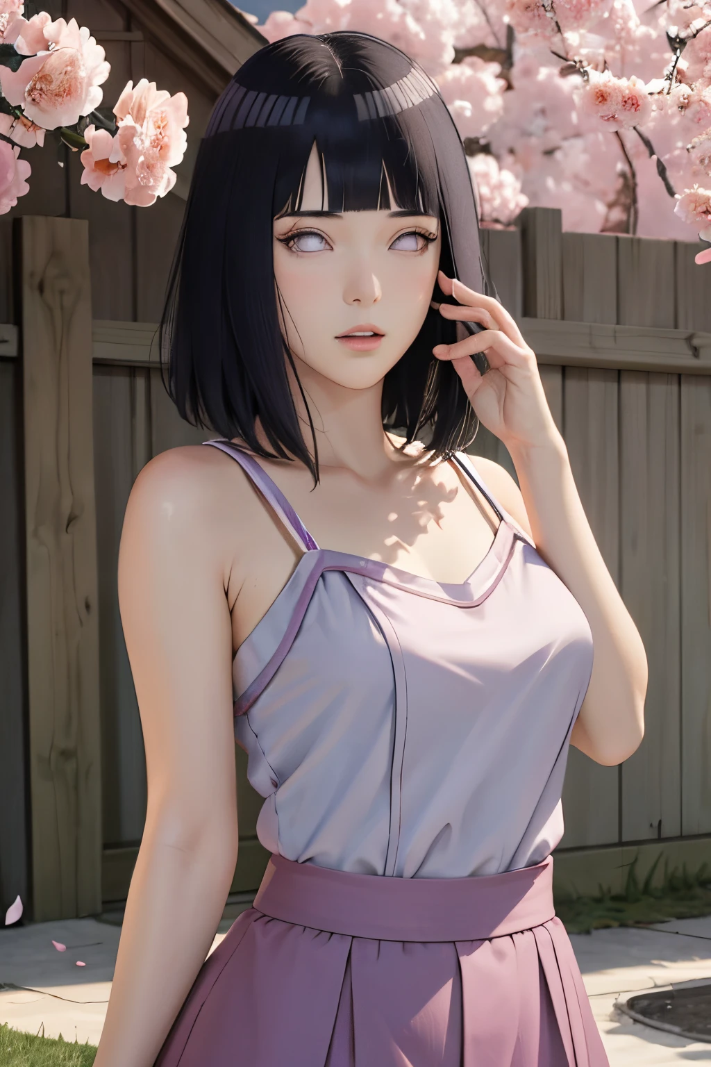 masterpiece, absurdres, hinata\(boruto\), 1girl, solo,mature female, crop top , high waist mini skirt, looking at viewelling petals), perfect composition, detailed lips, big breast, beautiful face, body propotion, blush, (pink lips), long hair,  purple eyes,  soft gaze,  super realistic, detailed, photoshoot, realistic face and body,