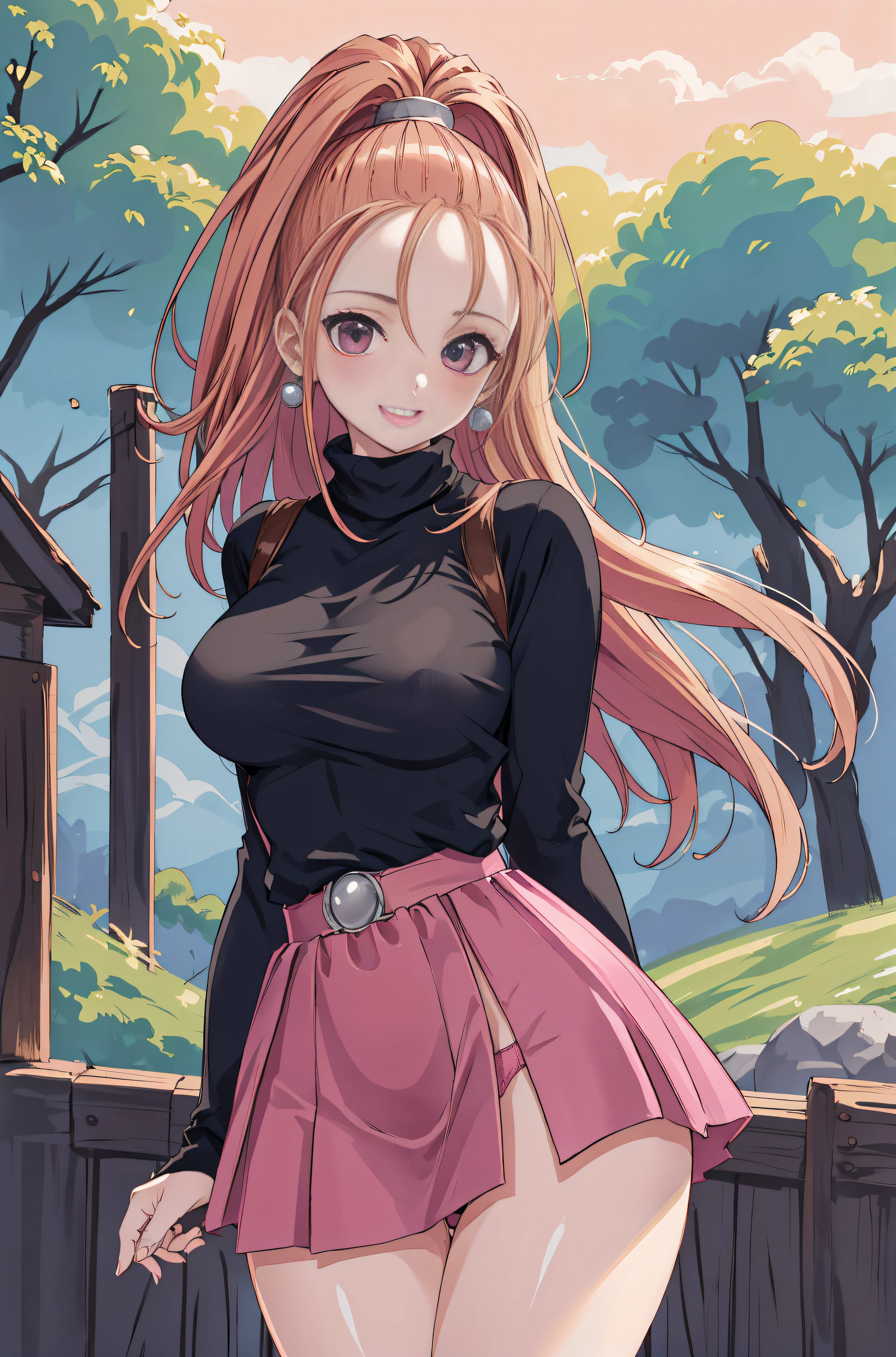 DQ6 Barbara,High Ponytail,Dress,Large breasts,
(Best Quality, masutepiece, Raw photo,Ultra-detailed:1.2), 1girl in,Solo,Looking at Viewer,Smile、turtleneck knit flare skirt、(Sexy pink panties)、(Skirt flips in the wind)、Pose with emphasis on the buttocks、Shy laughter、Kamimei