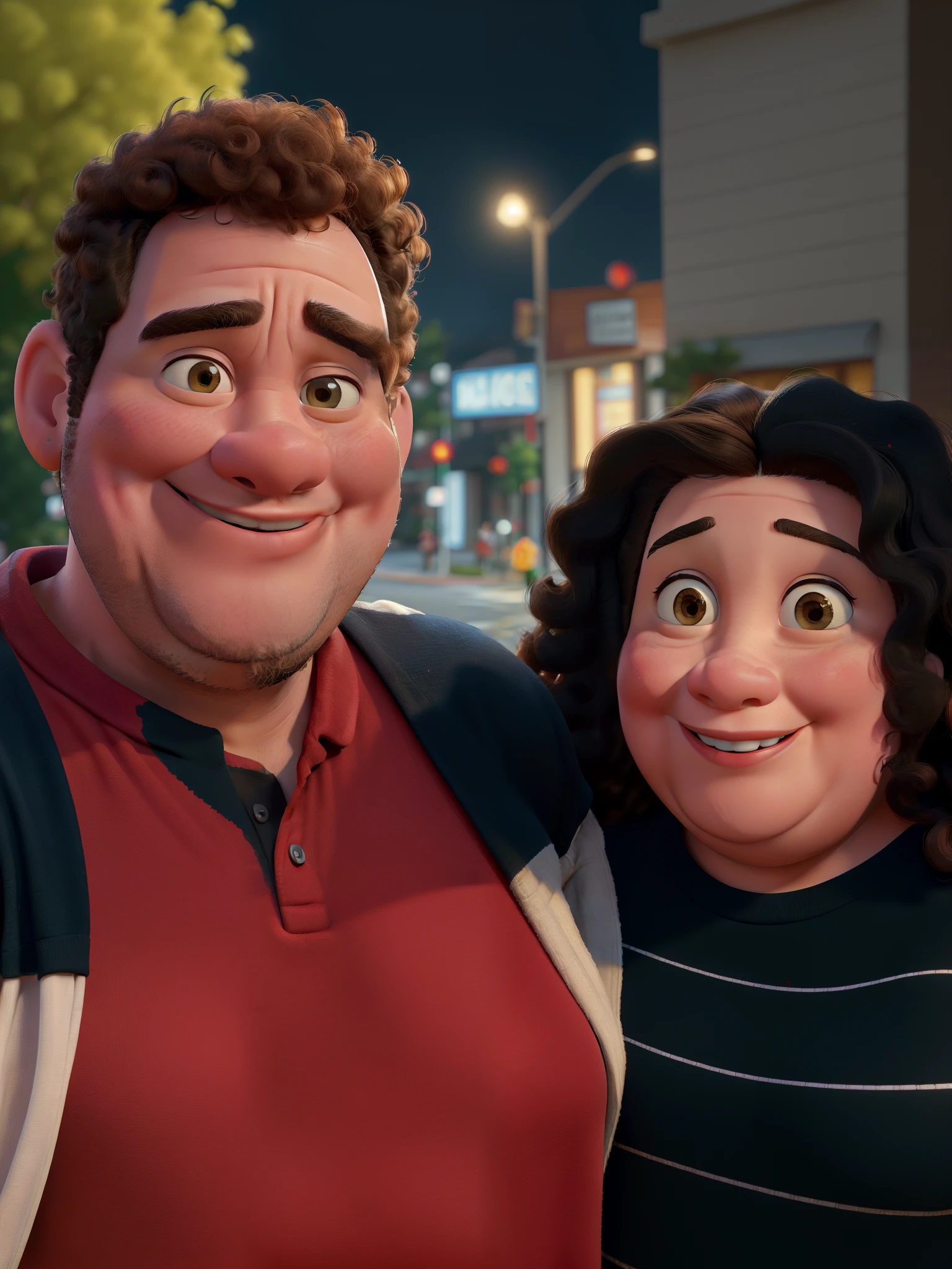 (best quality,highres,masterpiece:1.2),ultra-detailed,obese man with red shirt,curly-haired obese woman smiling with black shirt,standing in the street,illustration,realistic,photorealistic:1.37,pop art style,vibrant colors,soft lighting