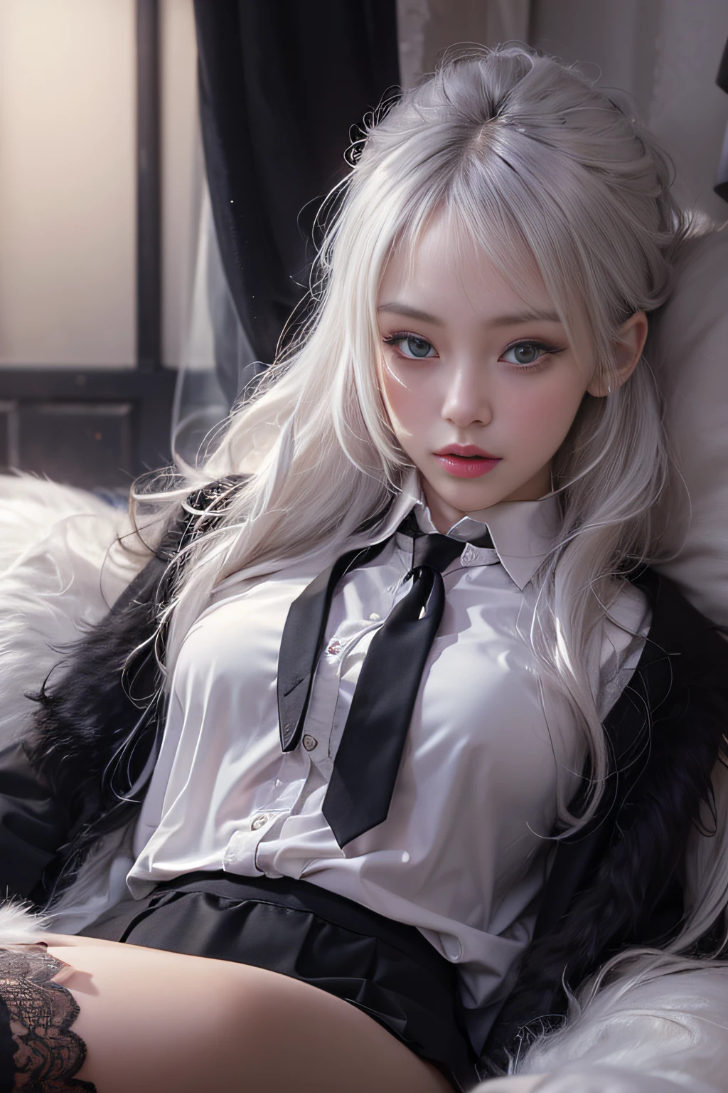 Portrait photo of a girl, Photorealistic, High resolution, 1 Women, Solo, waist-up, Beautiful eyes, Close lips, Detailed face, White hair, Long hair, Collared shirt, black necktie,Black skirt, pencil skirts, Fur coat, Stockings、(Woman lying with head up on a fur bed)Full Body Angle、