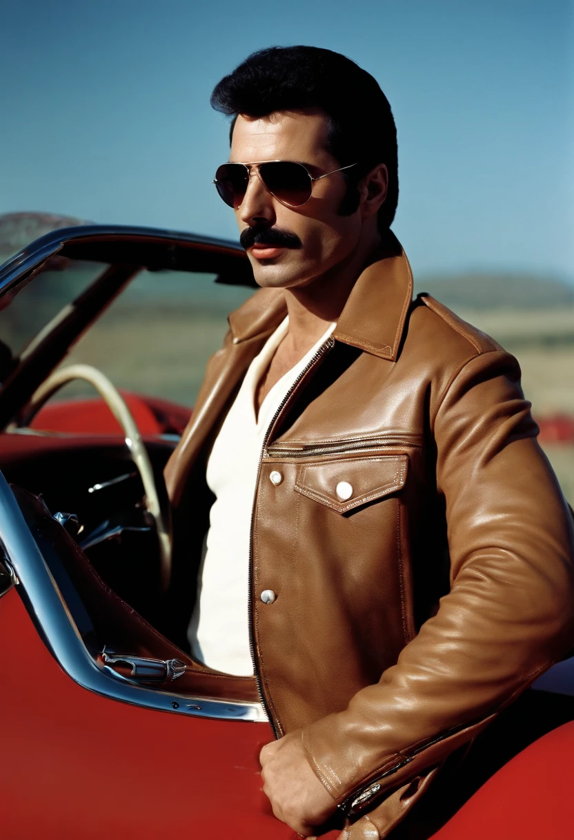 The image is of Freddie Mercury in a vintage leather jacket and sunglasses, posing in front of a classic red sports car.,original,Freddie Mercury