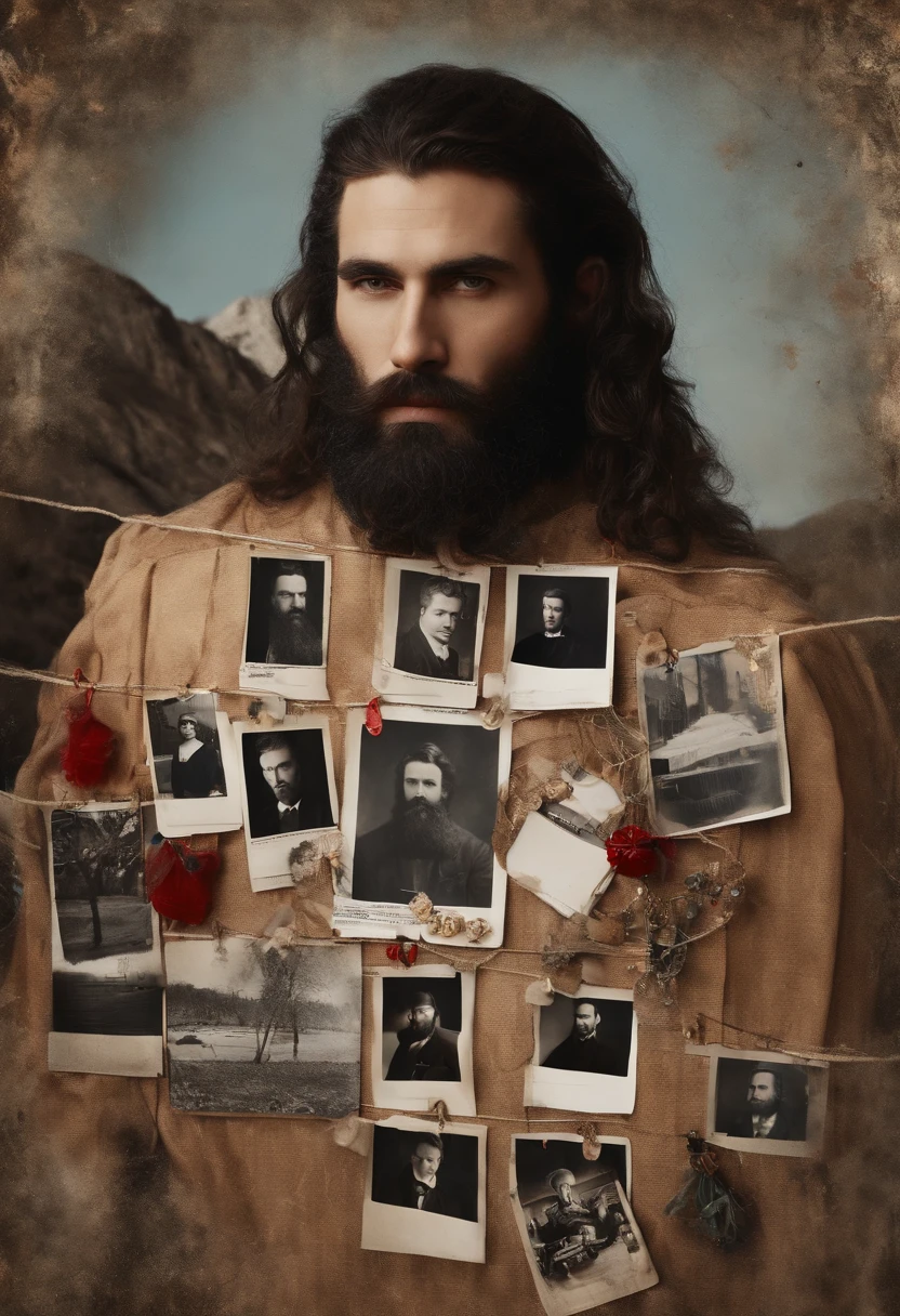 A photo of a corkboard covered in interconnected photos, documents, and strings, with a red string connecting a photo of the character and a photo of a black SUV.,original,Waifish, dirty, long hair, long beard, dressed in dirty ill-fitting clothes