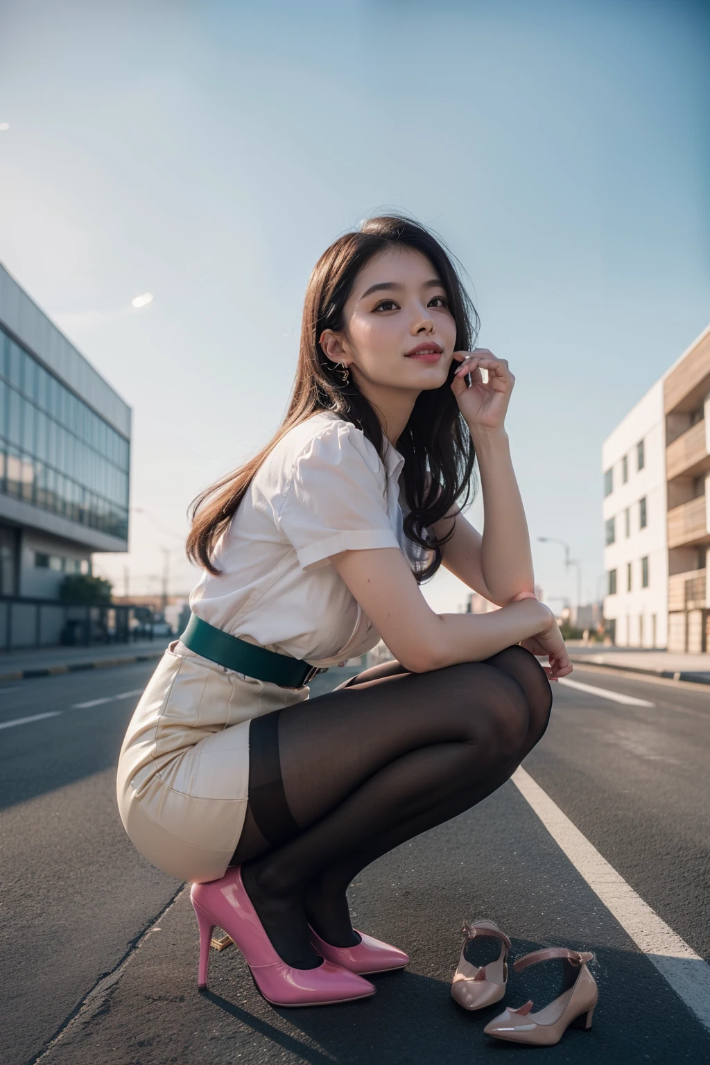 (full bodyesbian:1.5),(looking at viewert:1.4), (Wear pantyhose, high-heels, and daily wear:1.2), (Crouch in front of the roof of the building:1.2),(in pink|Yellow|blue colors|green color|red colour|white colors|The color is black|purpleish color|Grace|Light brown|flesh color 1.4),(acurate、Perfect face shape:1.4),Smile a little,,hyper HD, ray traycing, reflective light,structurally correct, Award-Awarded, high detal, lightand shade contrast, face illuminated,电影灯光, tmasterpiece, super detailing, high high quality, high detal, best quality, 16k,hight contrast,