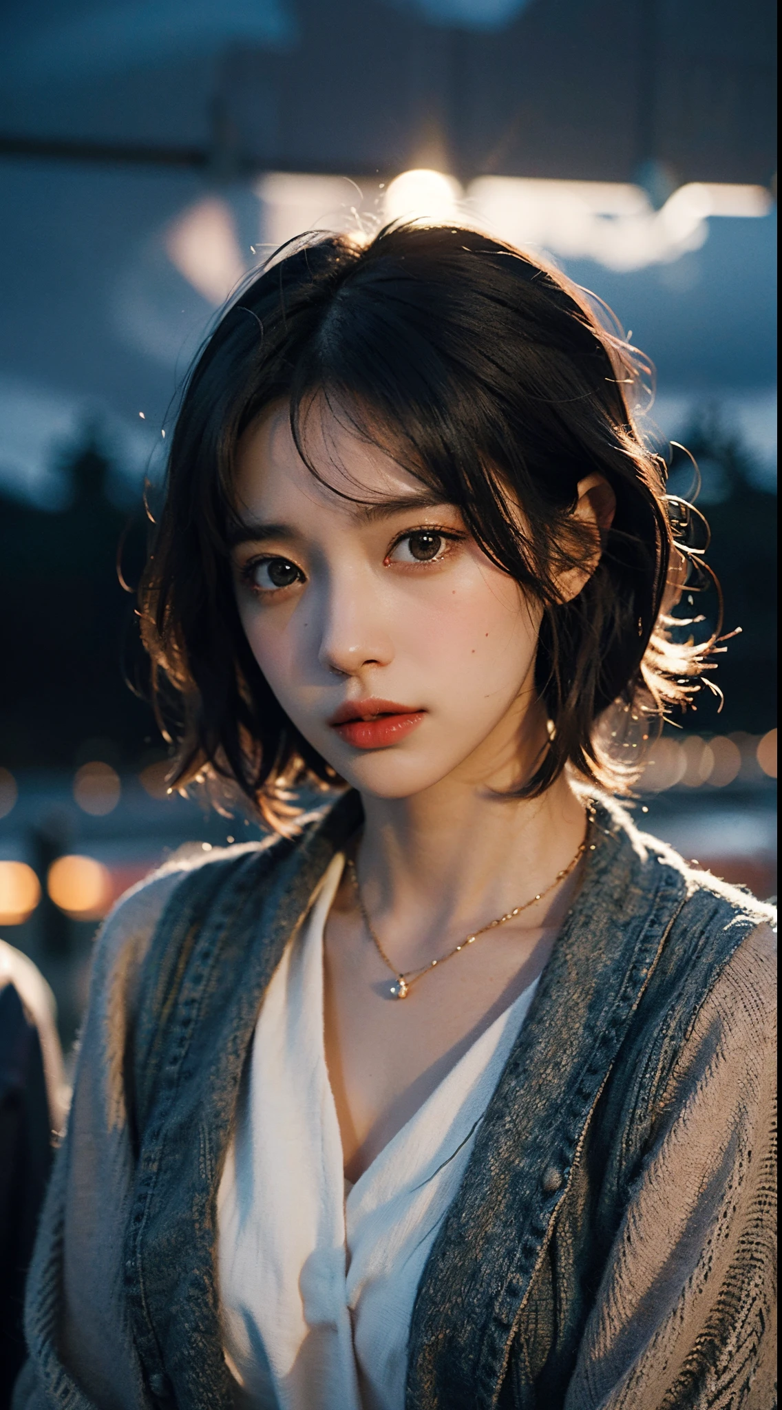 8K, New York, Outdoors, Crowded, Cloudy sky, maturefemale, Black hair, Warm lighting, Cinematic, Photorealistic, High quality, hight resolution, masutepiece, Night, natural beauty, blush, Sensual look