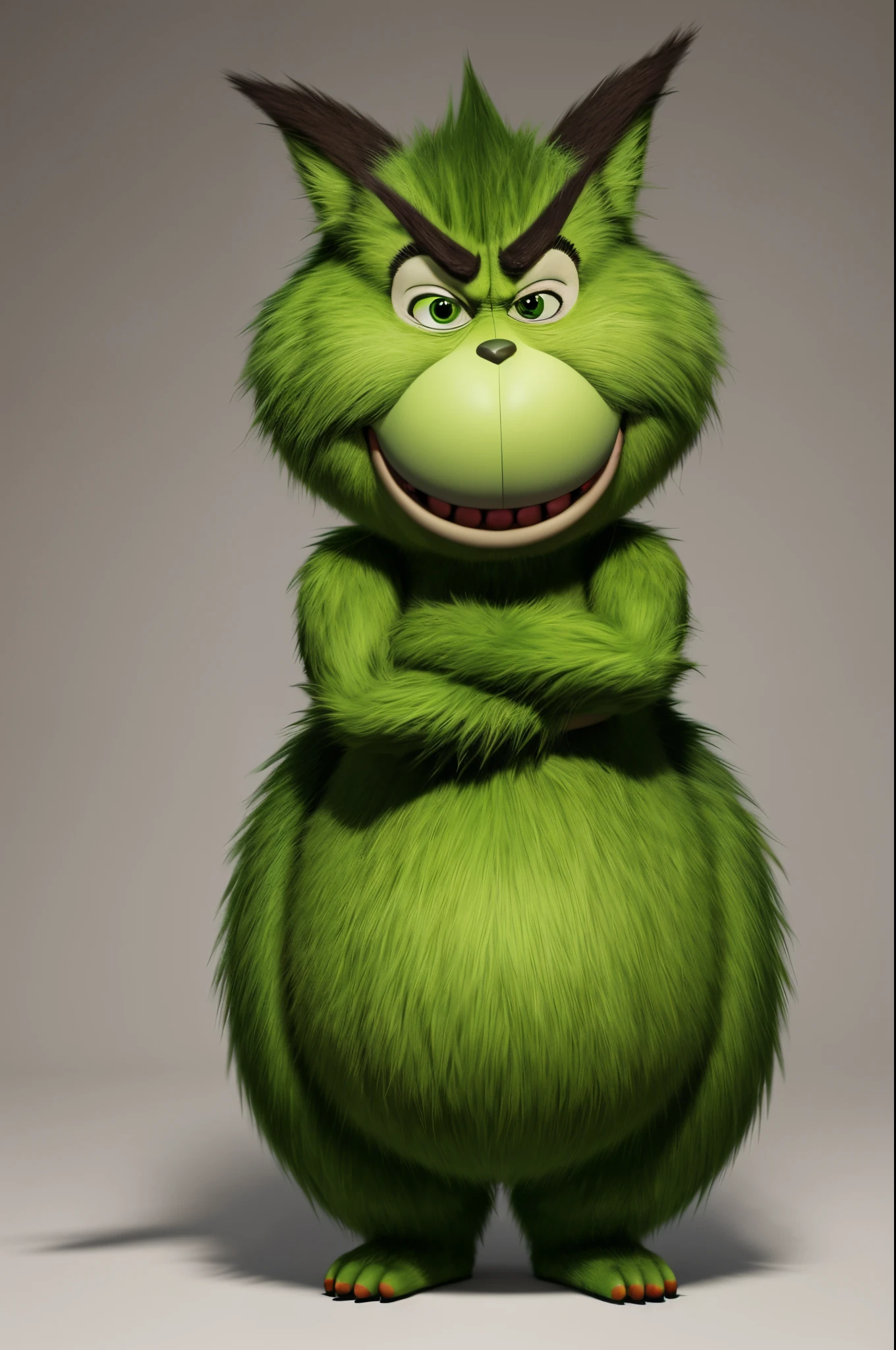 Create Grinch, male, monster, a green, furry, Pot-bellied, pear-shaped, snub-nosed humanoid creature with a cat-like face and cynical personality.