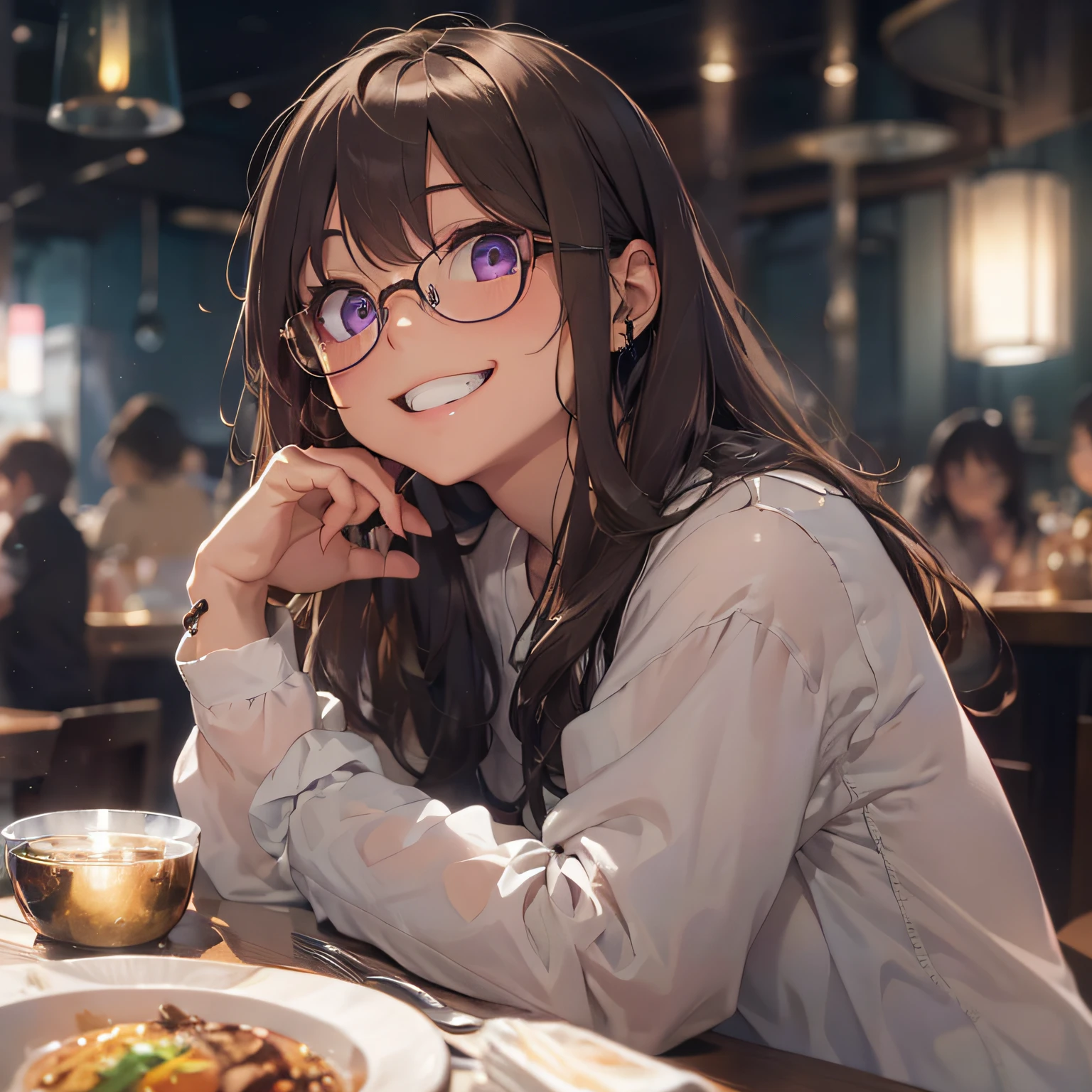 masterpiece、top-quality、(brown colored long hair、I have bangs:1.1)、25 year old woman with purple eyes、wears glasses、wearing a white shirt without a collar、sitting on、(flat breast:1.1)、(Smiling expression:1.3)、(Staring:1.5)、(Close-up of the subject's face:1.3)、having a dinner、Place the camera above the subject、The background is a luxury restaurant at night.、Bold composition、Upper body is shown、Alone、