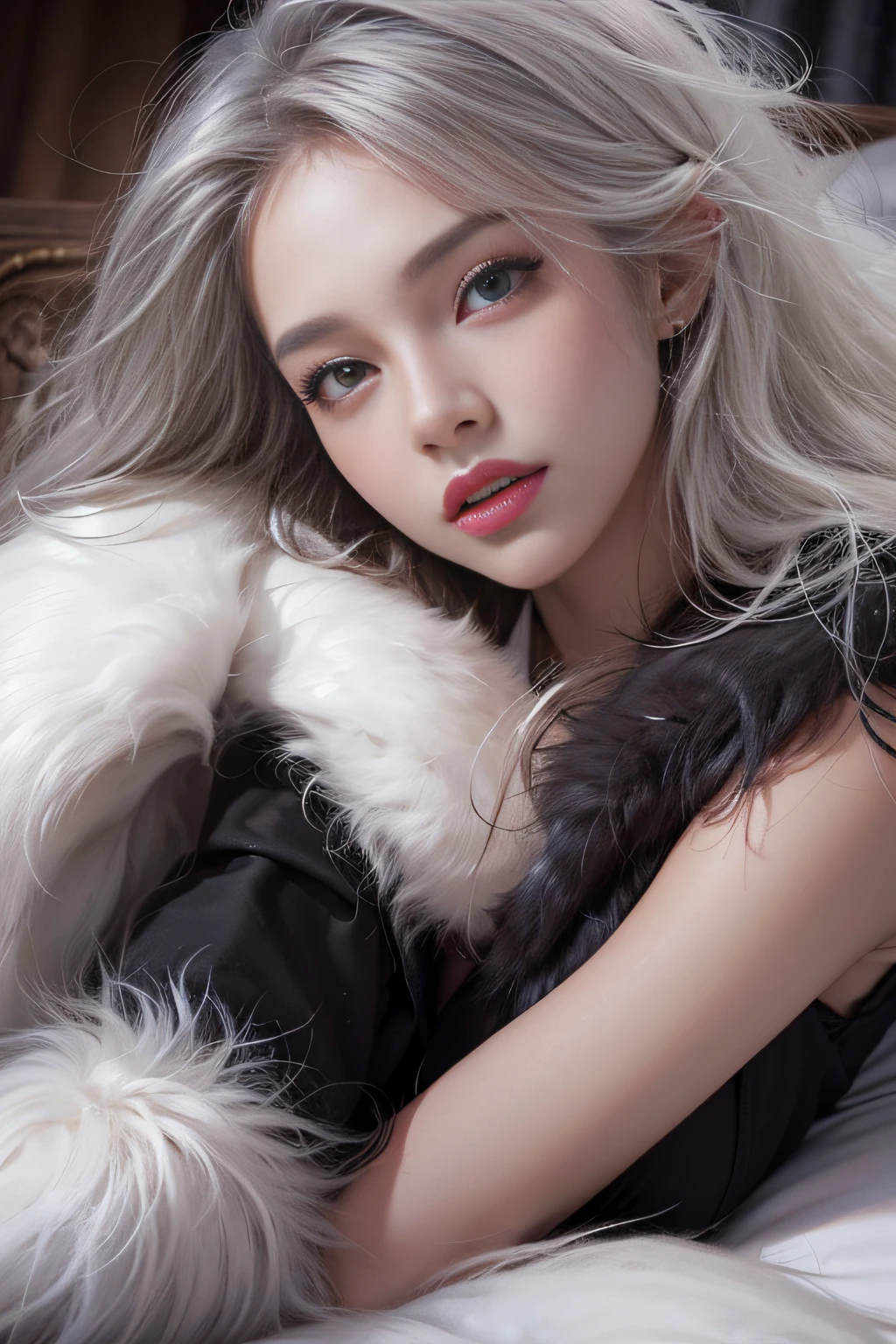 Portrait photo of a girl, Photorealistic, High resolution, 1 Women, Solo, waist-up, Beautiful eyes, Close lips, Detailed face, White hair, Long hair, Collared shirt, black necktie,Black skirt, pencil skirts, Fur coat, Stockings、(Woman lying with head up on a fur bed)Full Body Angle、