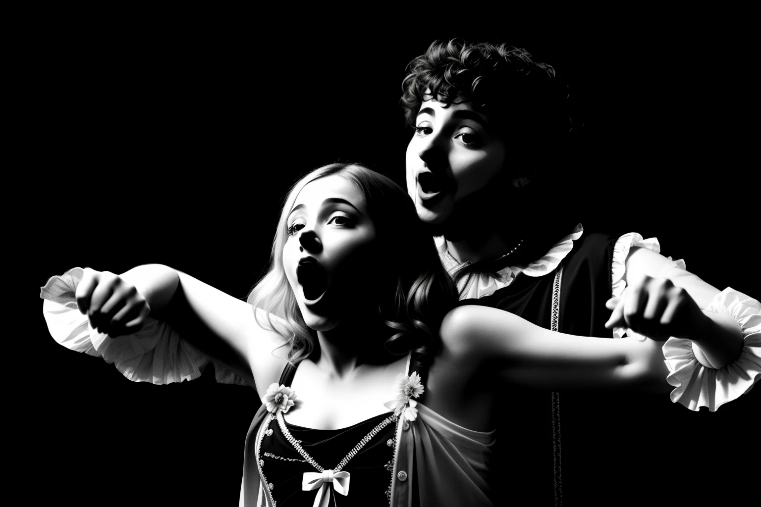 there are two people standing next to each other with their mouths open, Directed by: Alexis Grimou, Gregoire e Manon, discreto, menacingly!, Da Commedia Dell'Arte, editing, Atores, em estilo de caravaggio, Imagem promocional, estilo caravaggio, no fundo preto, medium detail, Publicity photo, Chiaroscuro!!, advertising photo