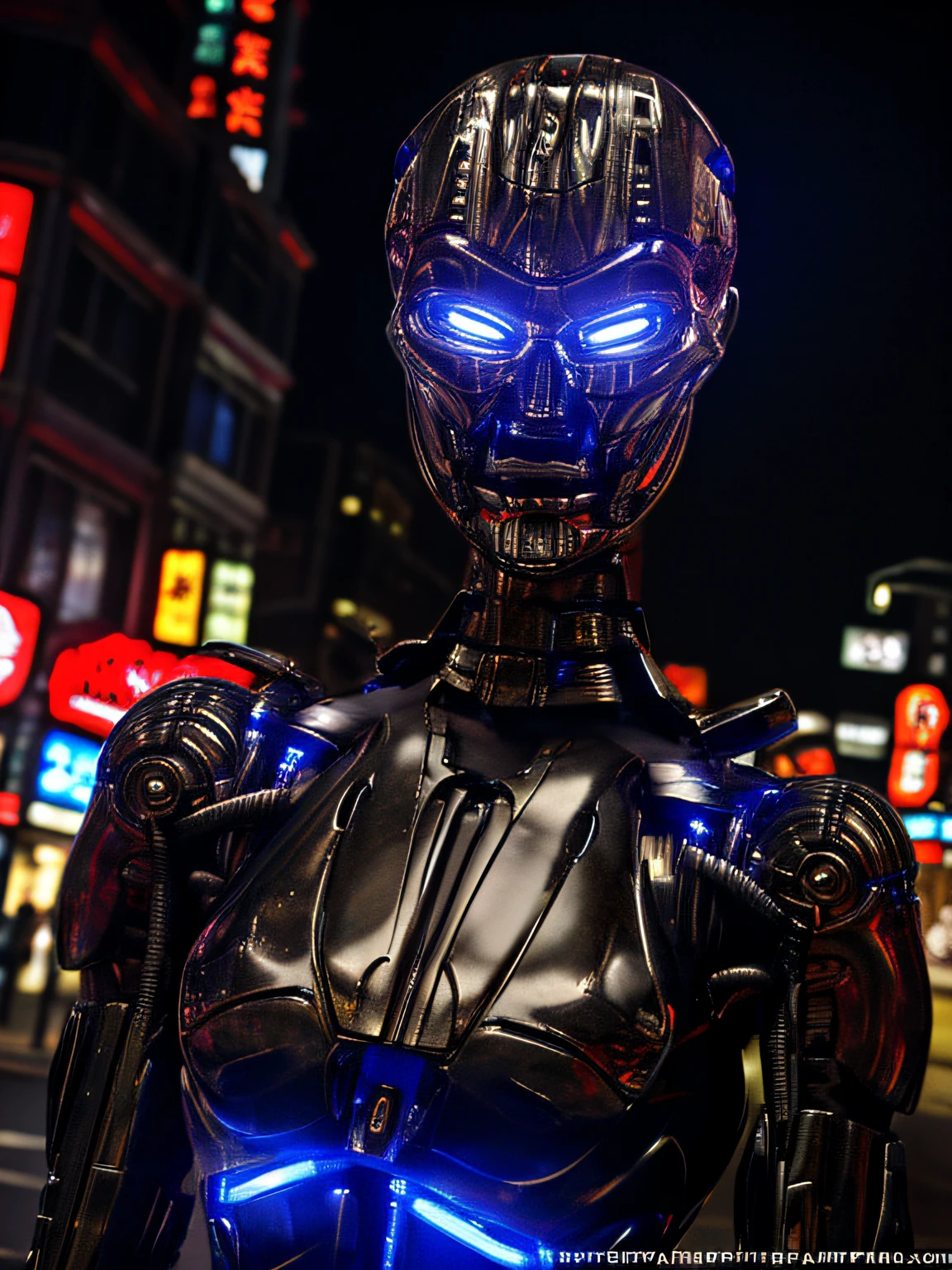 realistic, TX endoskeleton in shinjuku, night time, clear lighting, (T-X Endoskeleton:1.1), detailed TX endoskeleton, TX endoskeleton, sharp details, photorealistic, deep focus, very high quality, ultra HD, 8K