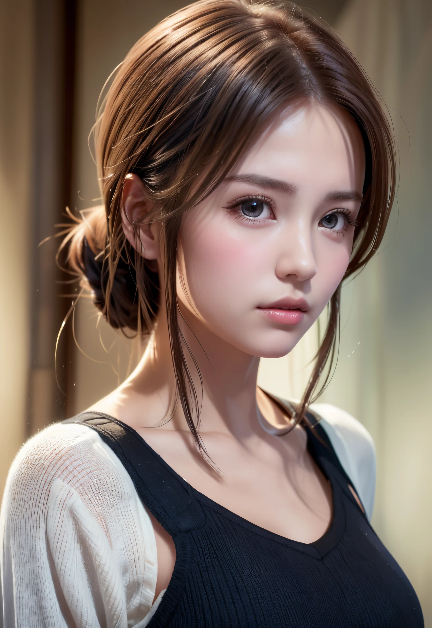 Thin pubic hair((Highest quality、8K、masterpiece:1.3))((Perfect glowing skin,Perfect Skin)) Browsing Caution Realistic Bright room White Room White skin Brown Hair short hair Braid bangs Wearing a shirt