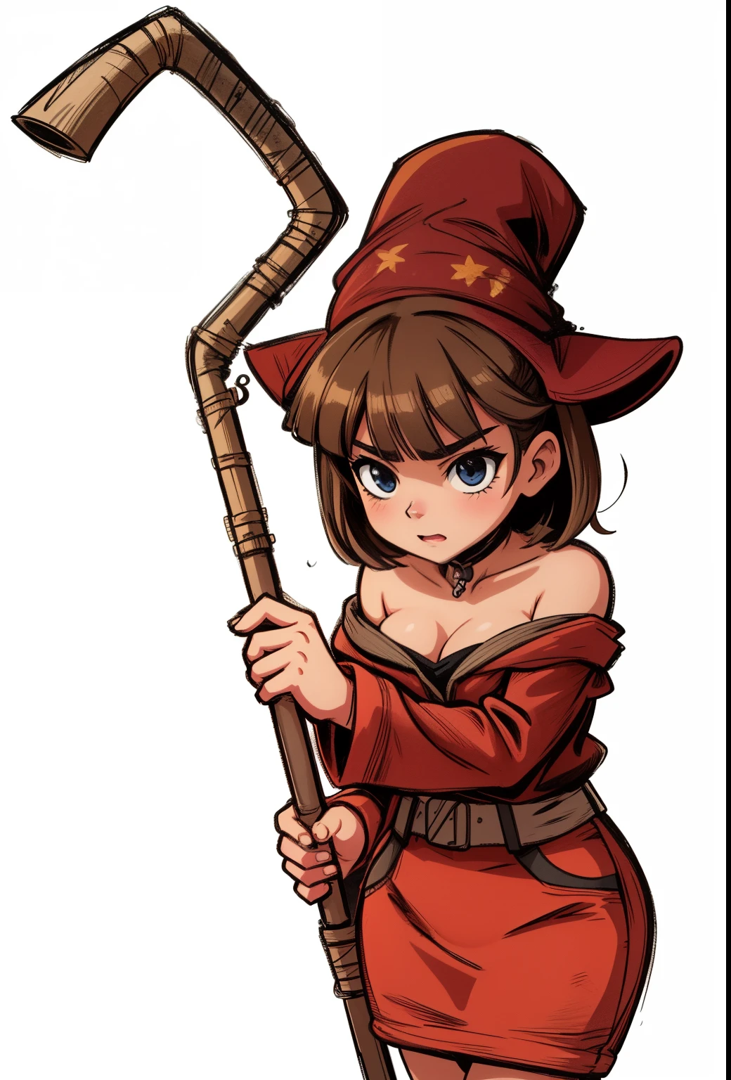 (Beautiful detailed eyes), (Beautiful Detailed face), (masterpiece, best quality:1.1), mage (dq3), 1girl, solo, short hair, pink hair, red eyes, witch hat, gloves, medium breasts, boots, (orange cape), staff, black socks, witch, simple background, (nude)