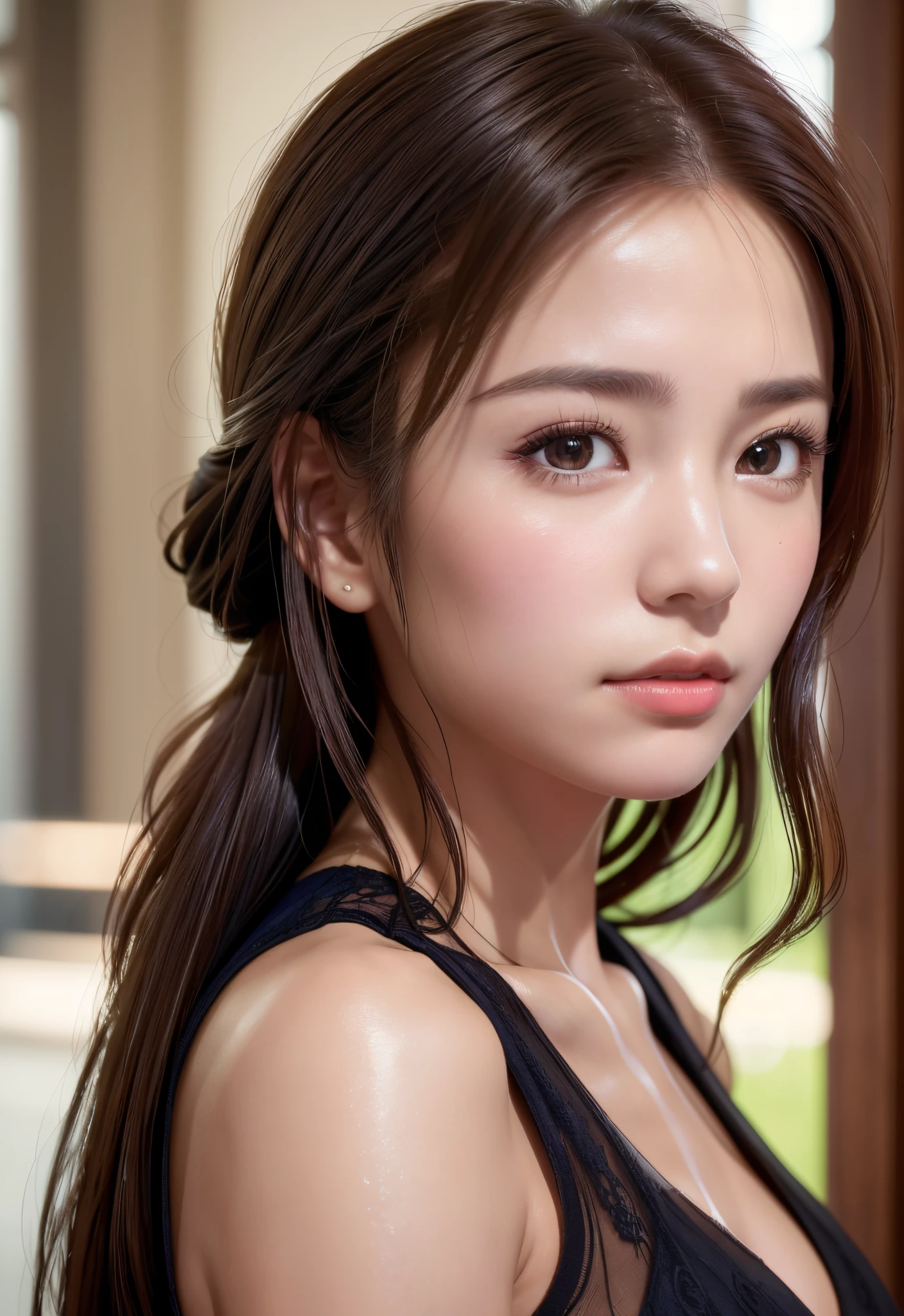 A close up of a woman in a black dress posing for a picture - SeaArt AI