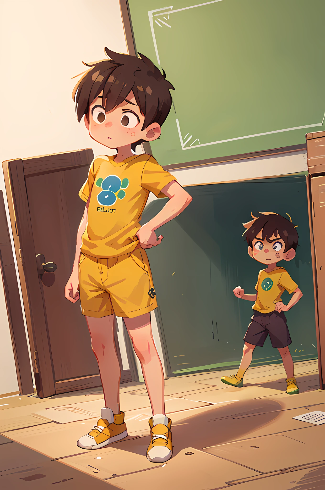 It makes a boy standing, full body, standing in a secret laboratory, scared face, brown hair, with a scared face at the angle and a half-lateral pose, and the boy's physiotype was muscular under the yellow green blouse Brazil