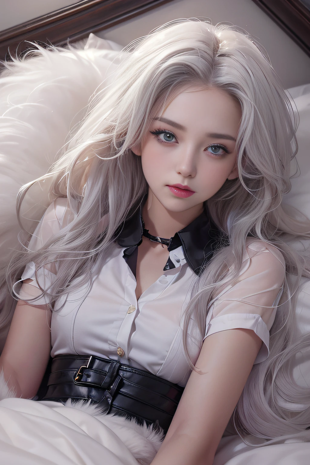 Portrait photo of a girl, Photorealistic, High resolution, 1 Women, Solo, waist-up, Beautiful eyes, Close lips, Detailed face, White hair, Long hair, Collared shirt, black necktie,Black skirt, pencil skirts, Fur coat, Stockings、(woman lying on a fur bed）、Shyness