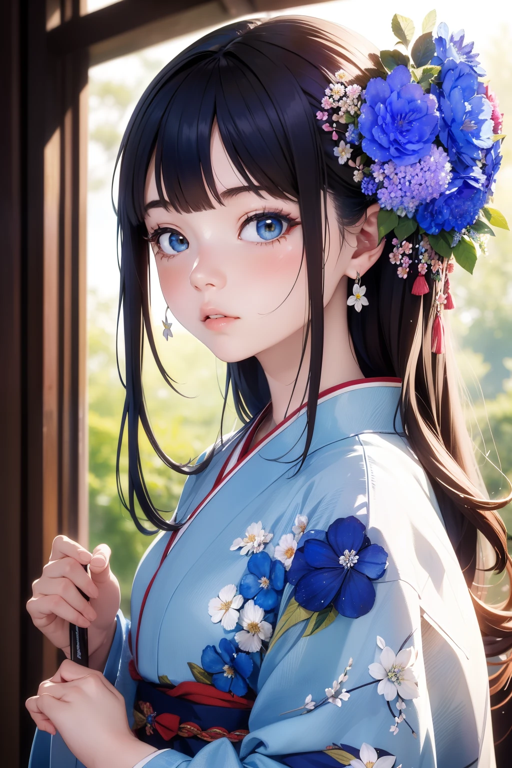 (((horizon blue flower:1.3)))、Best Quality, masutepiece, High resolution,cowboy  shot、 (((1girl in))), sixteen years old,(((i am horizon blue:1.3)))、horizon blue kimono、 Tindall Effect, Realistic, Shadow Studio,Ultramarine Lighting, dual-tone lighting, (High Detail Skins: 1.2)、Pale colored lighting、Dark lighting、 Digital SLR, Photo, High resolution, 4K, 8K, Background blur,Fade out beautifully、horizon blue world