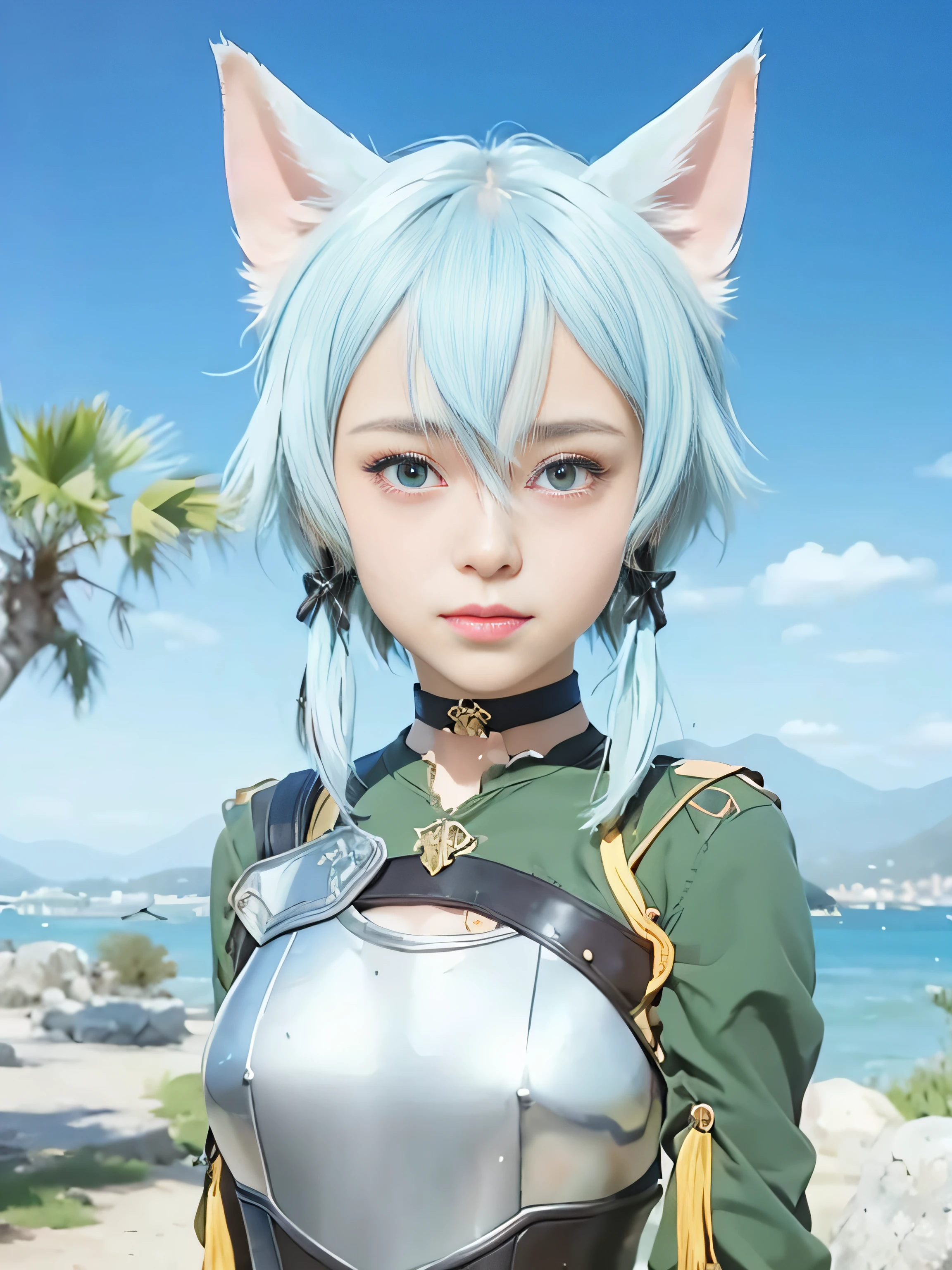 masterpiece, best quality, (realistic, photo-realistic:1.4), (RAW photo:1.2), extremely detailed CG unity 8k wallpaper, delicate and beautiful, amazing, finely detail, official art, absurdres, incredibly absurdres, huge filesize, ultra-detailed, extremely detailed, extremely detailed girl, extremely detailed eyes and face, light on face,( girl:1.7),little smile,sinon,hair ornament, hair between eyes,hair ribbon, short hair, sidelocks,choker,cat ears,(wearing armor:1.5)