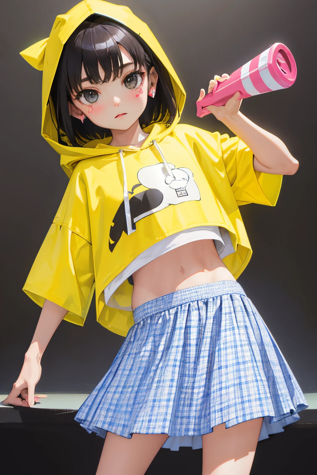 ()，（​masterpiece，Highest Quality），Crop Top Look，Short sleeve hoodie，(Gingham Check Skirt)，A dark-haired，World of toys