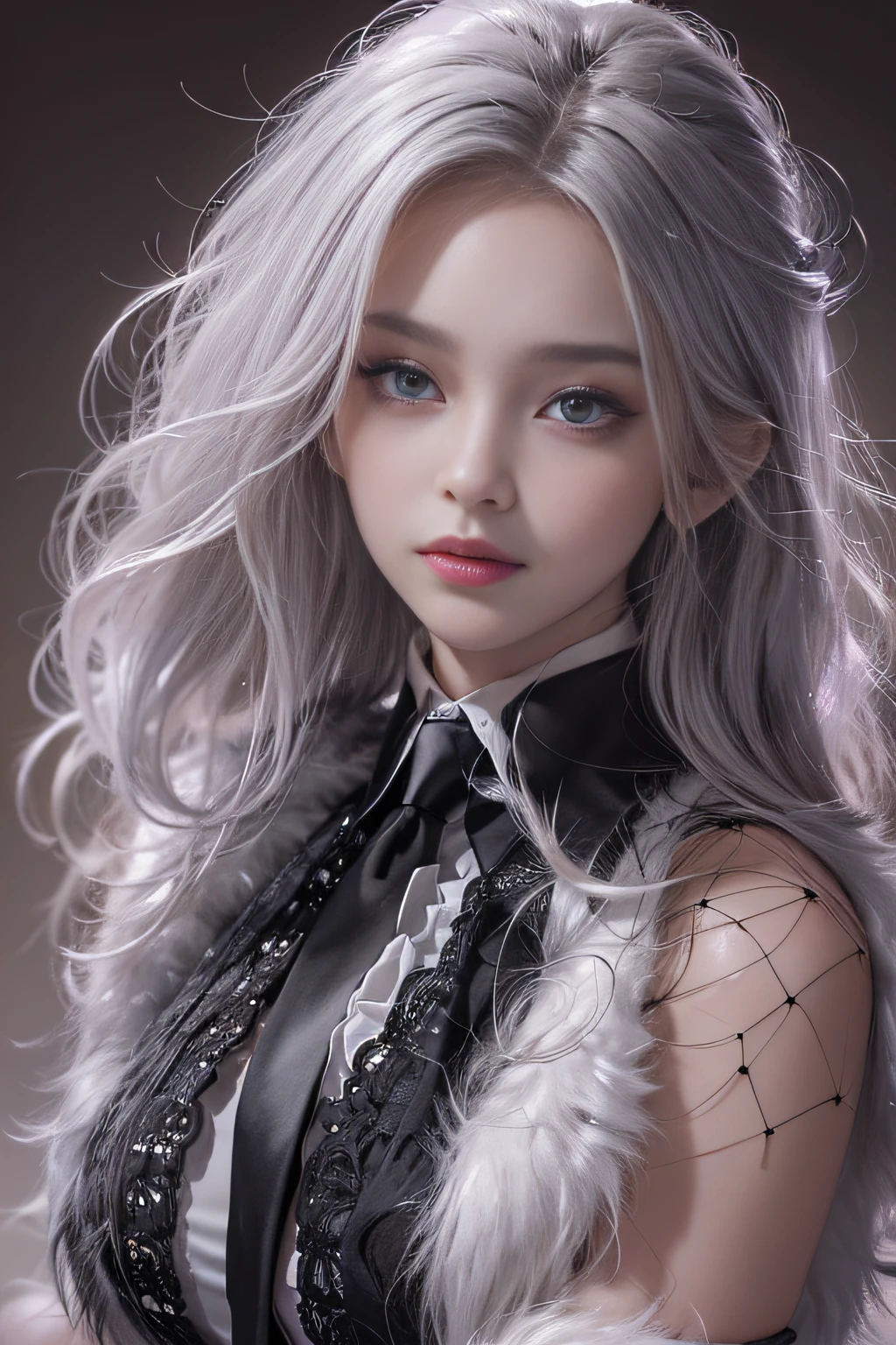 Portrait photo of a girl, Photorealistic, High resolution, 1 Women, Solo, waist-up, Beautiful eyes, Close lips, Detailed face, White hair, Long hair, Collared shirt, black necktie,Black skirt, pencil skirts, Fur coat, Stockings,(Black lace panties are visible)