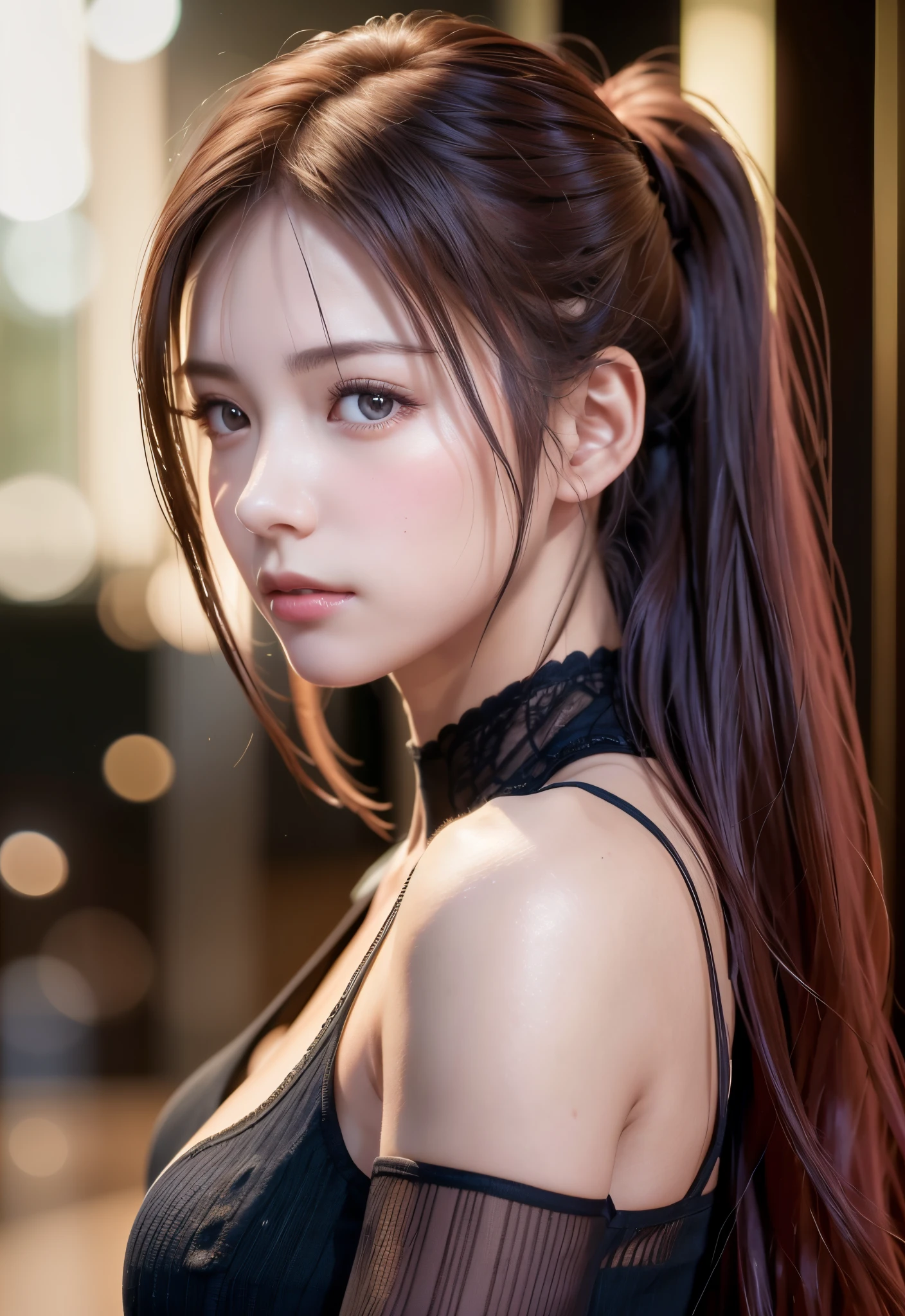 8K, of the highest quality, masutepiece:1.2), (Realistic, Photorealsitic:1.37), of the highest quality, masutepiece, Beautiful young woman, Pensive expression, Thoughtful look, Elegantly dressed, Hair tied back, Messy mood, Cinematic background, Tired, Light skin tone