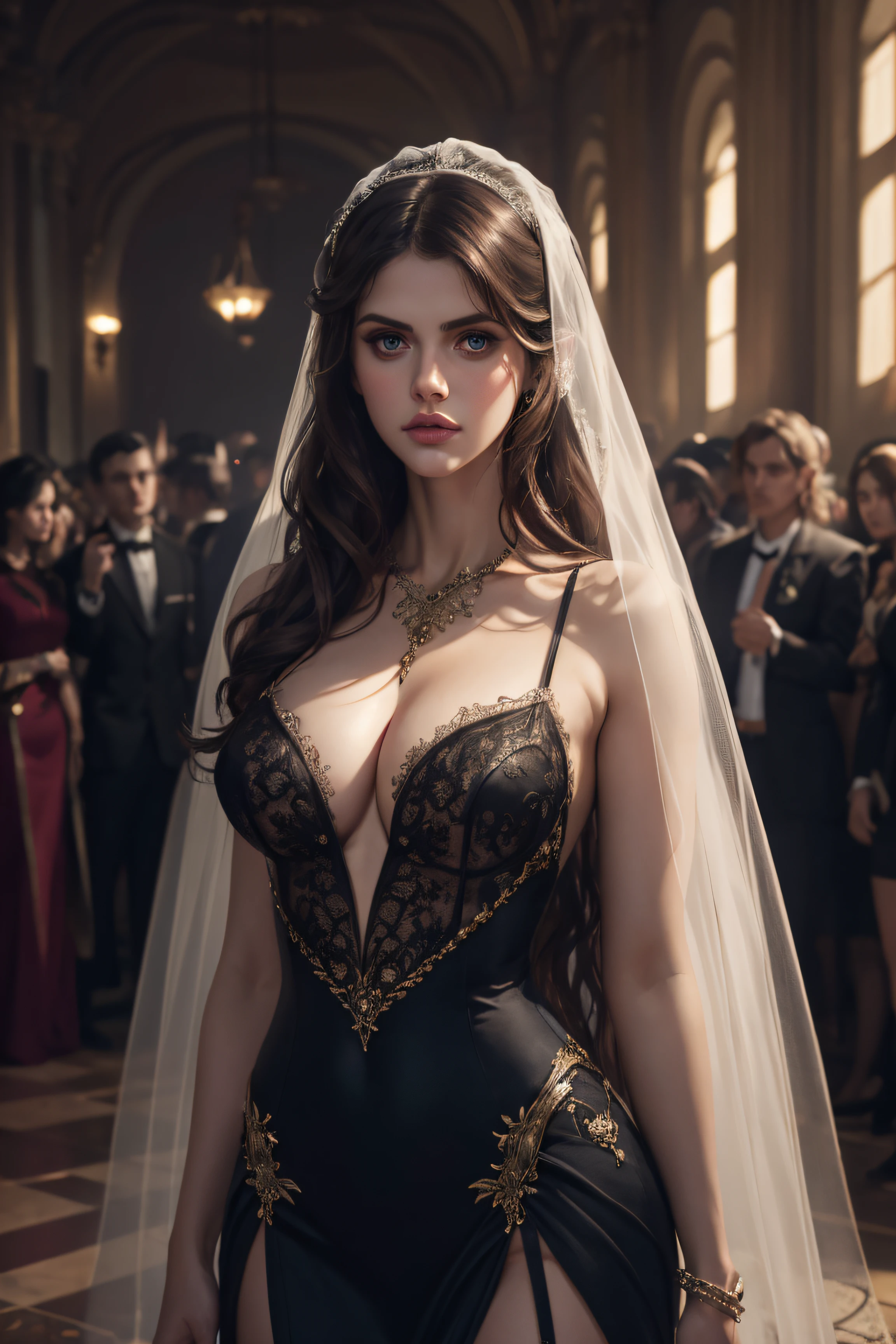 Alexandra Daddario, veil bride sexy clothes, standing inside a crowded ballroom, character portrait, 4 9 9 0 s, long hair, intricate, elegant, highly detailed, digital painting, artstation, concept art, smooth, sharp focus, illustration, art by wlop, charlie bowater and alexandra fomina