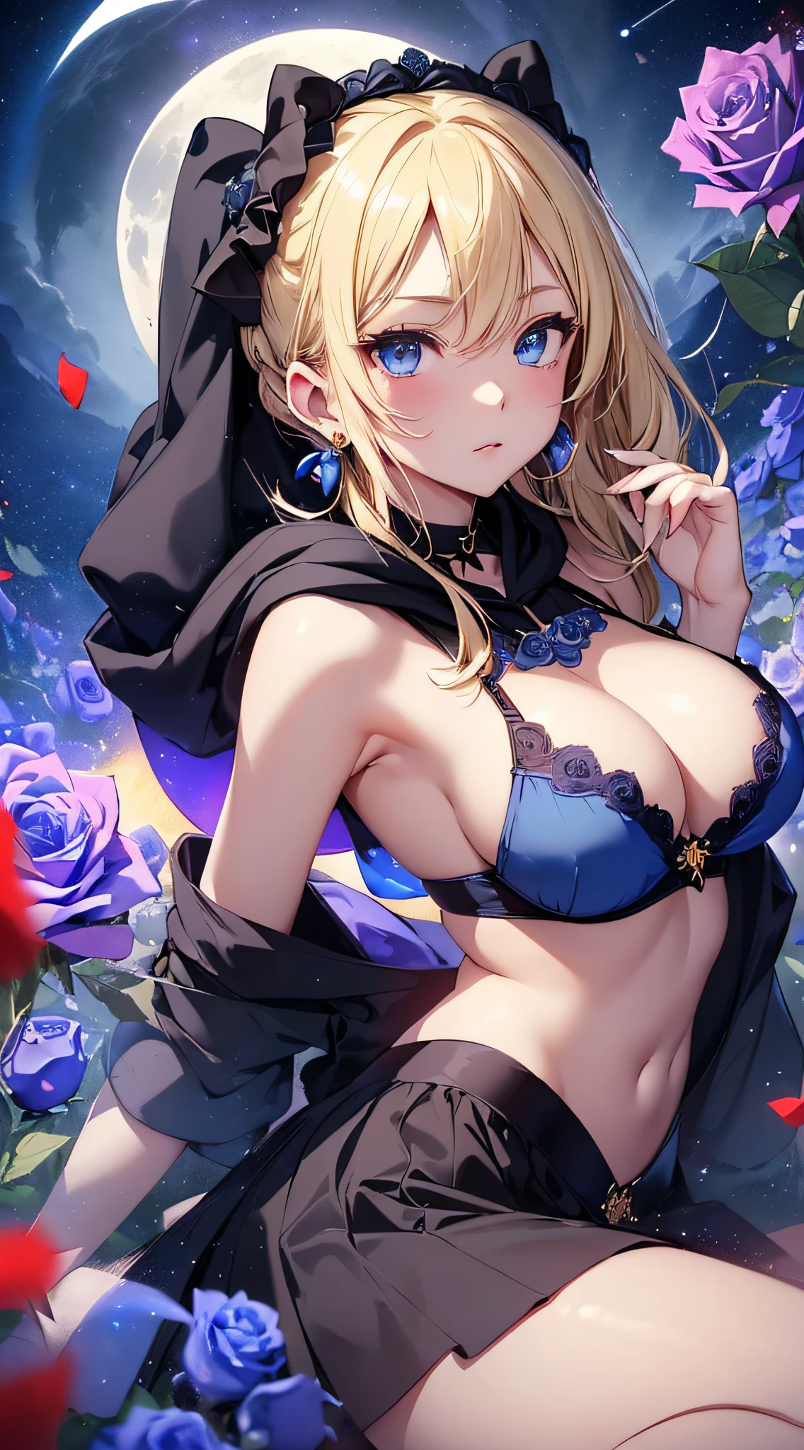 top-quality、Top image quality、masterpiece、girl with((18year old、Best Bust、big bast,Beautiful blue eyes、Breasts wide open, Blonde ponytail、A slender,Large valleys、Black hoodie、Red and black skirt、Sleeveless、Ruby Earrings、Trouble Pose))hiquality、Beautiful Art、Background with((Full Moon Night、dancing rose petals、Beautiful night sky、blue rose meadow)))、,masutepiece、visualart、depth of fields、
