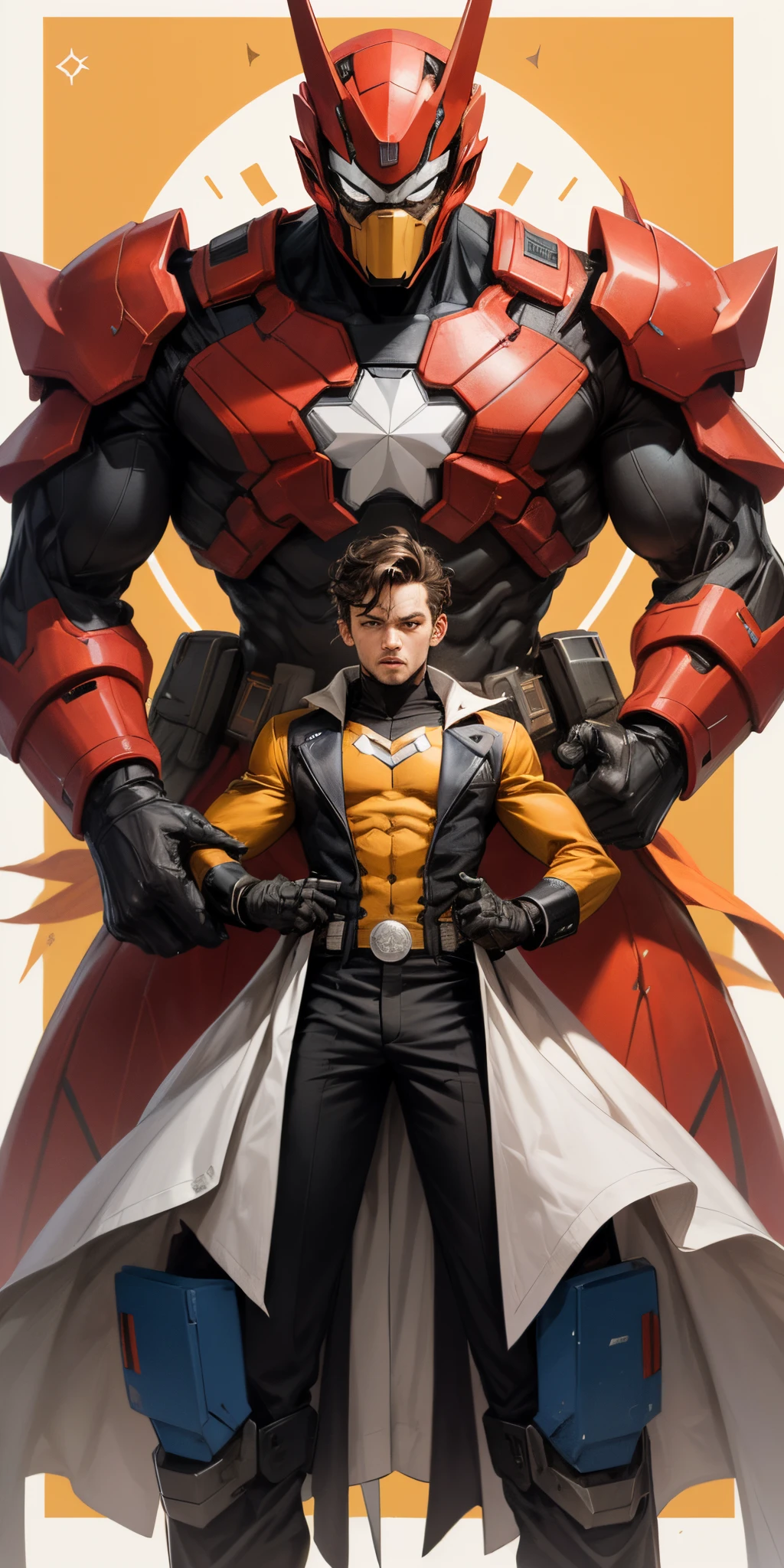 Homem estilo X-Men vom cabelo branco e mecha laranja, usando casaco de couro marrom e uma camisa preta de pato