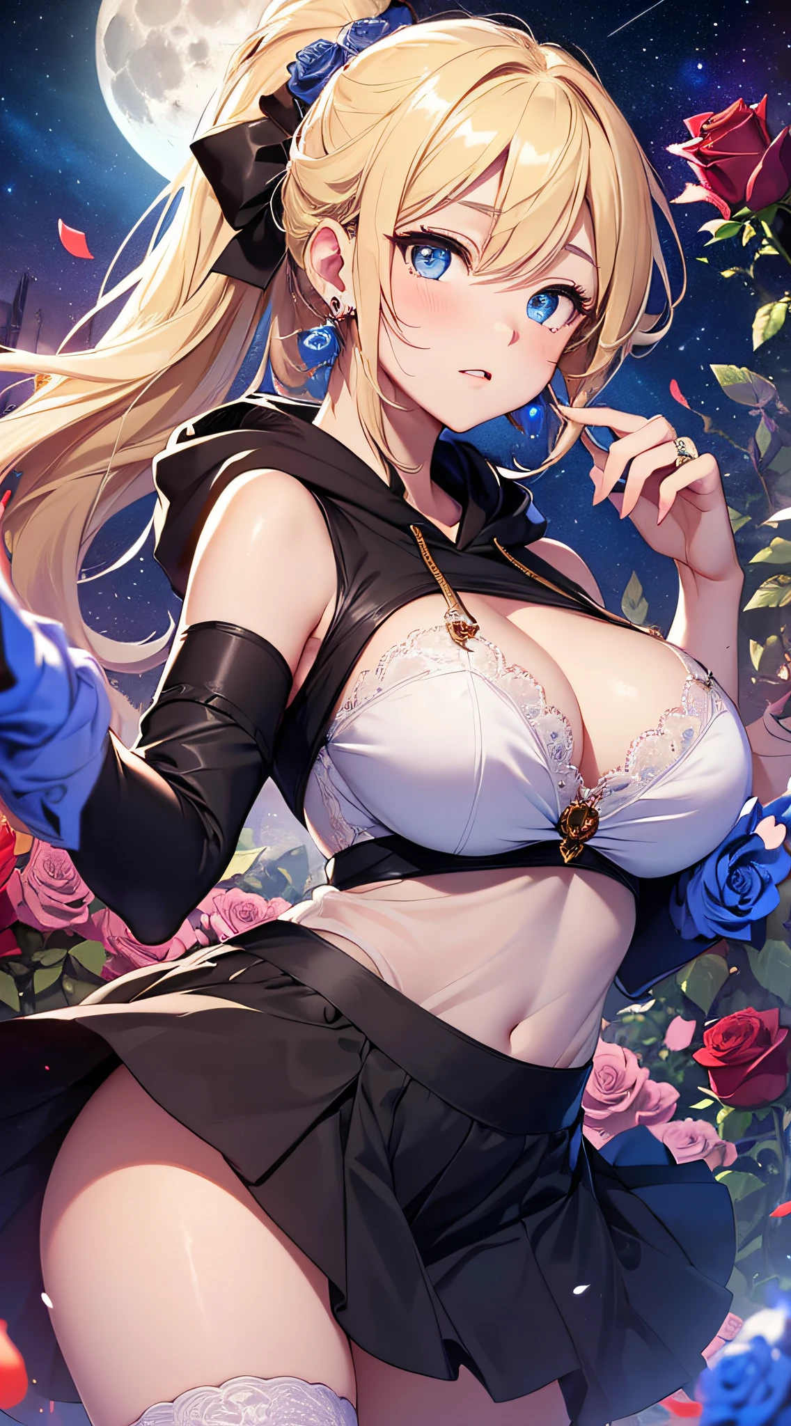 top-quality、Top image quality、masterpiece、girl with((18year old、Best Bust、big bast,Beautiful blue eyes、Breasts wide open, Blonde ponytail、A slender,Large valleys、Black hoodie、Red and black skirt、Sleeveless、Ruby Earrings、Trouble Pose))hiquality、Beautiful Art、Background with((Full Moon Night、dancing rose petals、Beautiful night sky、blue rose meadow)))、,masutepiece、visualart、depth of fields、